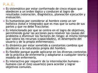  Es sistemático por estar conformado de cinco etapas que
obedecen a un orden lógico y conducen al logro de
resultados (valoración, diagnóstico, planeación ejecución y
evaluación.
 Es humanistas por considerar al hombre como un ser
holístico (total e integrado) que es mas que la suma de sus
partes y que no debe fraccionar.
 Es intencionado por que se centra en el logro de objetivos,
permitiendo guiar las acciones para resolver las causas del
problema o disminuir los factores de riesgo; al mismo tiempo
que valora los recursos (capacidades), el desempeño del
usuario y de la propia enfermera(o).
 Es dinámico por estar sometido a constantes cambios que
obedecen a la naturaleza propia del hombre.
 Es flexible porque puede aplicarse en los diversos contextos
de la práctica de enfermería y adaptarse a cualquier teoría y
modelo de enfermería.
 Es interactivo por requerir de la interrelación humano -
humano con el (los) usuario(s) para acordar y lograr
objetivos comunes.
 