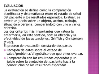 EVALUACIÓN
La evaluación se define como la comparación
planificada y sistematizada entre el estado de salud
del paciente y los resultados esperados. Evaluar, es
emitir un juicio sobre un objeto, acción, trabajo,
situación o persona, comparándolo con uno o varios
criterios.
Los dos criterios más importantes que valora la
enfermería, en este sentido, son: la eficacia y la
efectividad de las actuaciones, Griffith y Christensen
(1982).
El proceso de evaluación consta de dos partes
 Recogida de datos sobre el estado de
salud/problema/diagnóstico que queremos evaluar.
 Comparación con los resultados esperados y un
juicio sobre la evolución del paciente hacia la
consecución de los resultados esperados.
 