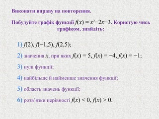 Виконати вправу на повторення.
Побудуйте графiк функцiї f(x) = x2
−2x−3. Користую чись
графiком, знайдiть:
1) f(2), f(−1,5), f(2,5);
2) значення x, при яких f(x) = 5, f(x) = −4, f(x) = −1;
3) нулi функцiї;
4) найбiльше й найменше значення функцiї;
5) область значень функцiї;
6) розв’язки нерiвностi f(x) < 0, f(x) > 0.
 
