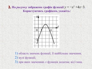 2.2. На рисунку зображено графiк функції y = −x2
+4x−3.
Користуючись графiком, укажiть:
1) область значень функцiї, її найбiльше значення;
2) нулi функцiї;
3) при яких значеннях x функцiя додатна; вiд’ємна.
 