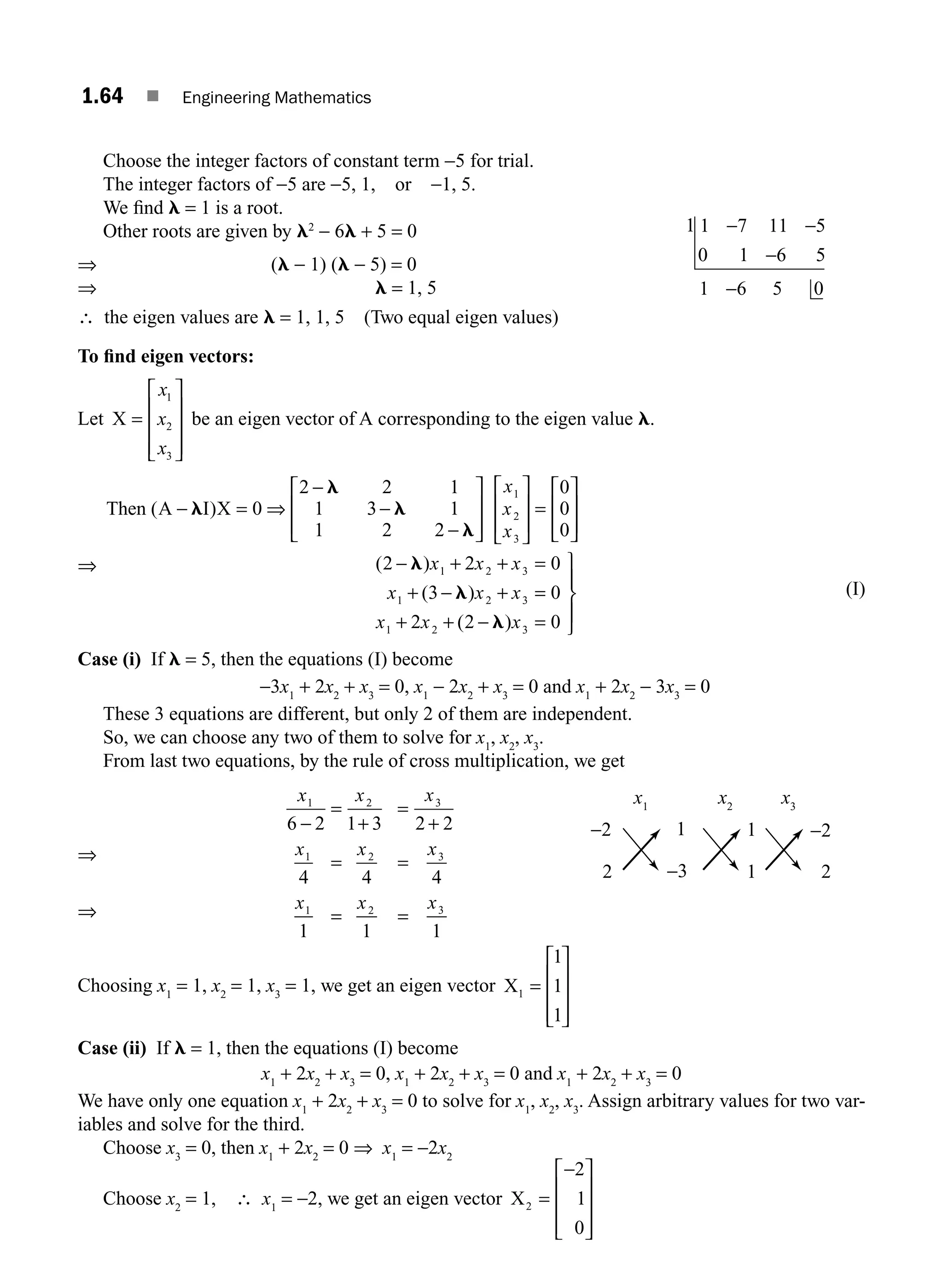 1.64 ■ Engineering Mathematics
Choose the integer factors of constant term −5 for trial.
The integer factors of −5 are −5, 1, or −1, 5.
We ﬁnd l = 1 is a root.
Other roots are given by l2
− 6l + 5 = 0
⇒ (l − 1) (l − 5) = 0
⇒ l = 1, 5
∴ the eigen values are l = 1, 1, 5 (Two equal eigen values)
To ﬁnd eigen vectors:
Let X =
⎡
⎣
⎢
⎢
⎢
⎤
⎦
⎥
⎥
⎥
x
x
x
1
2
3
be an eigen vector of A corresponding to the eigen value l.
Then A I X
( )
− = ⇒
−
−
−
⎡
⎣
⎢
⎢
⎤
⎦
⎥
⎥
⎡
⎣
⎢
⎢
⎤
⎦
⎥
⎥
=
⎡
⎣
⎢
l
l
l
l
0
2 2 1
1 3 1
1 2 2
0
0
0
1
2
3
x
x
x ⎢
⎢
⎤
⎦
⎥
⎥
⇒ ( )
( )
( )
2 2 0
3 0
2 2 0
1 2 3
1 2 3
1 2 3
− + + =
+ − + =
+ + − =
⎫
⎬
⎪
⎭
⎪
l
l
l
x x x
x x x
x x x
(I)
Case (i) If l = 5, then the equations (I) become
−3x1
+ 2x2
+ x3
= 0, x1
− 2x2
+ x3
= 0 and x1
+ 2x2
− 3x3
= 0
These 3 equations are different, but only 2 of them are independent.
So, we can choose any two of them to solve for x1
, x2
, x3
.
From last two equations, by the rule of cross multiplication, we get
⇒
⇒
x x x
x x x
x x x
1 2 3
1 2 3
1 2 3
6 2 1 3 2 2
4 4 4
1 1 1
−
=
+
=
+
= =
= =
Choosing x1
= 1, x2
= 1, x3
= 1, we get an eigen vector X1
1
1
1
=
⎡
⎣
⎢
⎢
⎢
⎤
⎦
⎥
⎥
⎥
Case (ii) If l = 1, then the equations (I) become
x1
+ 2x2
+ x3
= 0, x1
+ 2x2
+ x3
= 0 and x1
+ 2x2
+ x3
= 0
We have only one equation x1
+ 2x2
+ x3
= 0 to solve for x1
, x2
, x3
. Assign arbitrary values for two var-
iables and solve for the third.
Choose x3
= 0, then x1
+ 2x2
= 0 ⇒ x1
= −2x2
Choose x2
= 1, ∴ x1
= −2, we get an eigen vector X2
2
1
0
=
−
⎡
⎣
⎢
⎢
⎢
⎤
⎦
⎥
⎥
⎥
1 1 7 11 5
0 1 6 5
1 6 5 0
− −
−
−
−2
2
x1
x2
x3
1 −2
1 2
1
−3
M01_ENGINEERING_MATHEMATICS-I _CH01_Part B.indd 64 5/30/2016 5:03:43 PM
 