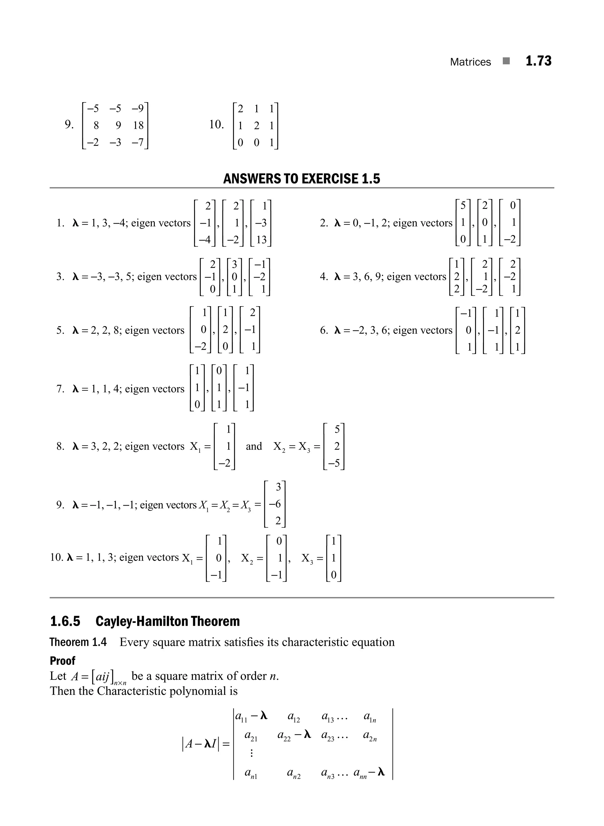 Matrices ■ 1.73
9.
− − −
− − −
⎡
⎣
⎢
⎢
⎢
⎤
⎦
⎥
⎥
⎥
5 5 9
8 9 18
2 3 7
10.
2 1 1
1 2 1
0 0 1
⎡
⎣
⎢
⎢
⎢
⎤
⎦
⎥
⎥
⎥
ANSWERS TO EXERCISE 1.5
1. l = 1, 3, −4; eigen vectors
2
1
4
2
1
2
1
3
13
−
−
⎡
⎣
⎢
⎢
⎢
⎤
⎦
⎥
⎥
⎥ −
⎡
⎣
⎢
⎢
⎢
⎤
⎦
⎥
⎥
⎥
−
⎡
⎣
⎢
⎢
⎢
⎤
⎦
⎥
⎥
⎥
, , 2. l = 0, −1, 2; eigen vectors
5
1
0
2
0
1
0
1
2
⎡
⎣
⎢
⎢
⎢
⎤
⎦
⎥
⎥
⎥
⎡
⎣
⎢
⎢
⎢
⎤
⎦
⎥
⎥
⎥ −
⎡
⎣
⎢
⎢
⎢
⎤
⎦
⎥
⎥
⎥
, ,
3. l = −3, −3, 5; eigen vectors
2
1
0
3
0
1
1
2
1
−
⎡
⎣
⎢
⎢
⎤
⎦
⎥
⎥
⎡
⎣
⎢
⎢
⎤
⎦
⎥
⎥
−
−
⎡
⎣
⎢
⎢
⎤
⎦
⎥
⎥
, , 4. l = 3, 6, 9; eigen vectors
1
2
2
2
1
2
2
2
1
⎡
⎣
⎢
⎢
⎤
⎦
⎥
⎥ −
⎡
⎣
⎢
⎢
⎤
⎦
⎥
⎥
−
⎡
⎣
⎢
⎢
⎤
⎦
⎥
⎥
, ,
5. l = 2, 2, 8; eigen vectors
1
0
2
1
2
0
2
1
1
−
⎡
⎣
⎢
⎢
⎢
⎤
⎦
⎥
⎥
⎥
⎡
⎣
⎢
⎢
⎢
⎤
⎦
⎥
⎥
⎥
−
⎡
⎣
⎢
⎢
⎢
⎤
⎦
⎥
⎥
⎥
, , 6. l = −2, 3, 6; eigen vectors
−
⎡
⎣
⎢
⎢
⎢
⎤
⎦
⎥
⎥
⎥
−
⎡
⎣
⎢
⎢
⎢
⎤
⎦
⎥
⎥
⎥
⎡
⎣
⎢
⎢
⎢
⎤
⎦
⎥
⎥
⎥
1
0
1
1
1
1
1
2
1
, ,
7. l = 1, 1, 4; eigen vectors
1
1
0
0
1
1
1
1
1
⎡
⎣
⎢
⎢
⎢
⎤
⎦
⎥
⎥
⎥
⎡
⎣
⎢
⎢
⎢
⎤
⎦
⎥
⎥
⎥
−
⎡
⎣
⎢
⎢
⎢
⎤
⎦
⎥
⎥
⎥
, ,
8. l = 3, 2, 2; eigen vectors X1 2 3
1
1
2
5
2
5
=
−
⎡
⎣
⎢
⎢
⎢
⎤
⎦
⎥
⎥
⎥
= =
−
⎡
⎣
⎢
⎢
⎢
⎤
⎦
⎥
⎥
⎥
and X X
9. l = −1, −1, −1; eigen vectors X1
= X2
= X3
= −
⎡
⎣
⎢
⎢
⎢
⎤
⎦
⎥
⎥
⎥
3
6
2
10. l = 1, 1, 3; eigen vectors X X X
1 2 3
1
0
1
0
1
1
1
1
0
=
−
⎡
⎣
⎢
⎢
⎢
⎤
⎦
⎥
⎥
⎥
=
−
⎡
⎣
⎢
⎢
⎢
⎤
⎦
⎥
⎥
⎥
=
⎡
⎣
⎢
⎢
⎢
⎤
⎦
⎥
⎥
⎥
, ,
1.6.5 Cayley-Hamilton Theorem
Theorem 1.4 Every square matrix satisﬁes its characteristic equation
Proof
Let A aij n n
= [ ] ×
be a square matrix of order n.
Then the Characteristic polynomial is
A I
a a a a
a a a a
a a a a
n
n
n n n nn
− =
−
−
−
l
l
l
l
11 12 13 1
21 22 23 2
1 2 3
…
…
…
:
M01_ENGINEERING_MATHEMATICS-I _CH01_Part B.indd 73 5/30/2016 5:04:04 PM
 
