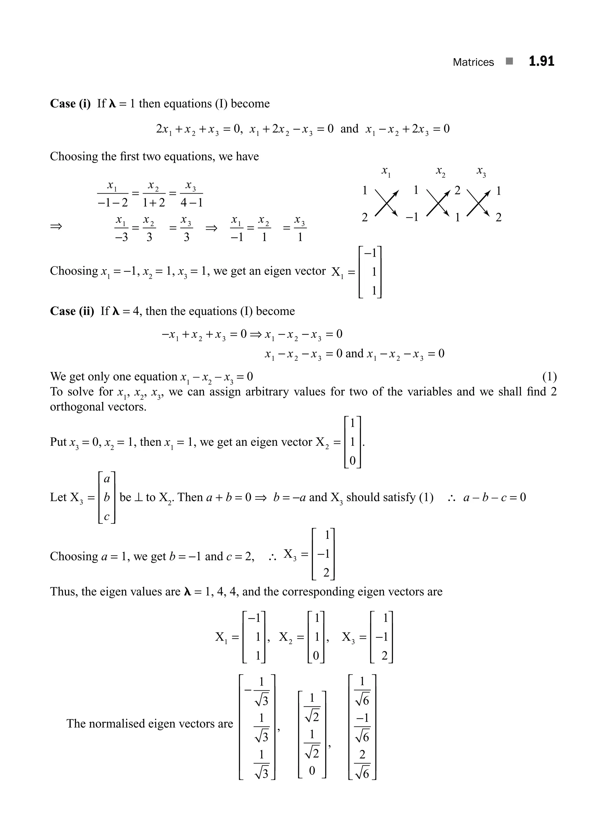 Matrices ■ 1.91
Case (i) If l = 1 then equations (I) become
2 0 2 0 2 0
1 2 3 1 2 3 1 2 3
x x x x x x x x x
+ + = + − = − + =
, and
Choosing the ﬁrst two equations, we have
⇒
x x x
x x x x x x
1 2 3
1 2 3 1 2 3
1 2 1 2 4 1
3 3 3 1 1 1
− −
=
+
=
−
−
= = ⇒
−
= =
Choosing x1
= −1, x2
= 1, x3
= 1, we get an eigen vector X1
1
1
1
=
−
⎡
⎣
⎢
⎢
⎢
⎤
⎦
⎥
⎥
⎥
Case (ii) If l = 4, then the equations (I) become
− + + = ⇒ =
− − = − − =
x x x x x x
x x x x x x
1 2 3 1 2 3
1 2 3 1 2 3
0 0
0 0
− −
and
We get only one equation x1
– x2
– x3
= 0 (1)
To solve for x1
, x2
, x3
, we can assign arbitrary values for two of the variables and we shall ﬁnd 2
orthogonal vectors.
Put x3
= 0, x2
= 1, then x1
= 1, we get an eigen vector X2
1
1
0
=
⎡
⎣
⎢
⎢
⎢
⎤
⎦
⎥
⎥
⎥
.
Let X3 =
⎡
⎣
⎢
⎢
⎢
⎤
⎦
⎥
⎥
⎥
a
b
c
be ⊥ to X2
. Then a + b = 0 ⇒ b = −a and X3
should satisfy (1) ∴ a – b – c = 0
Choosing a = 1, we get b = −1 and c = 2, ∴ X3
1
1
2
= −
⎡
⎣
⎢
⎢
⎢
⎤
⎦
⎥
⎥
⎥
Thus, the eigen values are l = 1, 4, 4, and the corresponding eigen vectors are
X1
1
1
1
=
⎡
⎣
⎢
⎢
⎢
⎤
⎦
⎥
⎥
⎥
−
, X2
1
1
0
=
⎡
⎣
⎢
⎢
⎢
⎤
⎦
⎥
⎥
⎥
, X3
1
1
2
=
⎡
⎣
⎢
⎢
⎢
⎤
⎦
⎥
⎥
⎥
−
The normalised eigen vectors are
−
1
3
1
3
1
3
⎡
⎣
⎢
⎢
⎢
⎢
⎢
⎢
⎢
⎤
⎦
⎥
⎥
⎥
⎥
⎥
⎥
⎥
,
1
2
1
2
0
⎡
⎣
⎢
⎢
⎢
⎢
⎢
⎢
⎤
⎦
⎥
⎥
⎥
⎥
⎥
⎥
,
1
6
1
6
2
6
−
⎡
⎣
⎢
⎢
⎢
⎢
⎢
⎢
⎢
⎤
⎦
⎥
⎥
⎥
⎥
⎥
⎥
⎥
1
2
x1
x2
x3
2 1
1 2
1
−1
M01_ENGINEERING_MATHEMATICS-I _CH01_Part B.indd 91 5/30/2016 5:06:57 PM
 