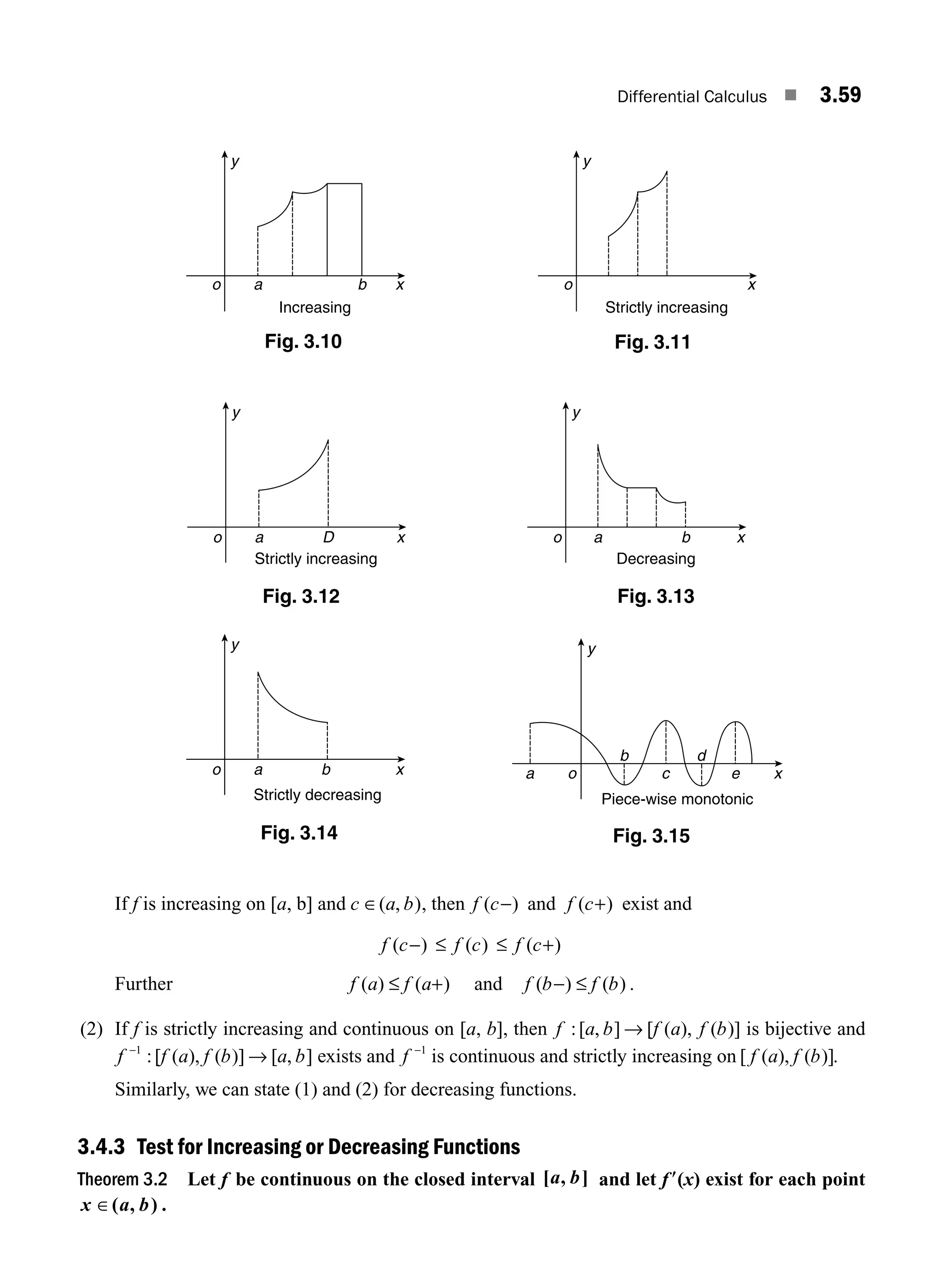 Differential Calculus ■ 3.59
If f is increasing on [a, b] and c a b
∈( , ), then f c
( )
− and f c
( )
+ exist and
f c f c f c
( ) ( ) ( )
− ≤ ≤ +
Further f a f a
( ) ( )
≤ + and f b f b
( ) ( )
− ≤ .
(2) If f is strictly increasing and continuous on [a, b], then f a b f a f b
:[ , ] [ ( ), ( )]
→ is bijective and
f f a f b a b
−
→
1
:[ ( ), ( )] [ , ] exists and f −1
is continuous and strictly increasing on [ ( ), ( )]
f a f b .
Similarly, we can state (1) and (2) for decreasing functions.
3.4.3 Test for Increasing or Decreasing Functions
Theorem 3.2 Let f be continuous on the closed interval [ , ]
a b and let f9(x) exist for each point
x a b
∈( , ) .
y
x
b
a
o
Increasing
Fig. 3.10
y
x
o
Strictly increasing
Fig. 3.11
y
x
D
a
o
Strictly increasing
Fig. 3.12
y
x
a b
o
Decreasing
Fig. 3.13
y
x
b
a
o
Strictly decreasing
Fig. 3.14
y
e x
a c
o
b d
Piece-wise monotonic
Fig. 3.15
M03_ENGINEERING_MATHEMATICS-I _CH03_Part B.indd 59 5/19/2016 1:09:17 PM
 