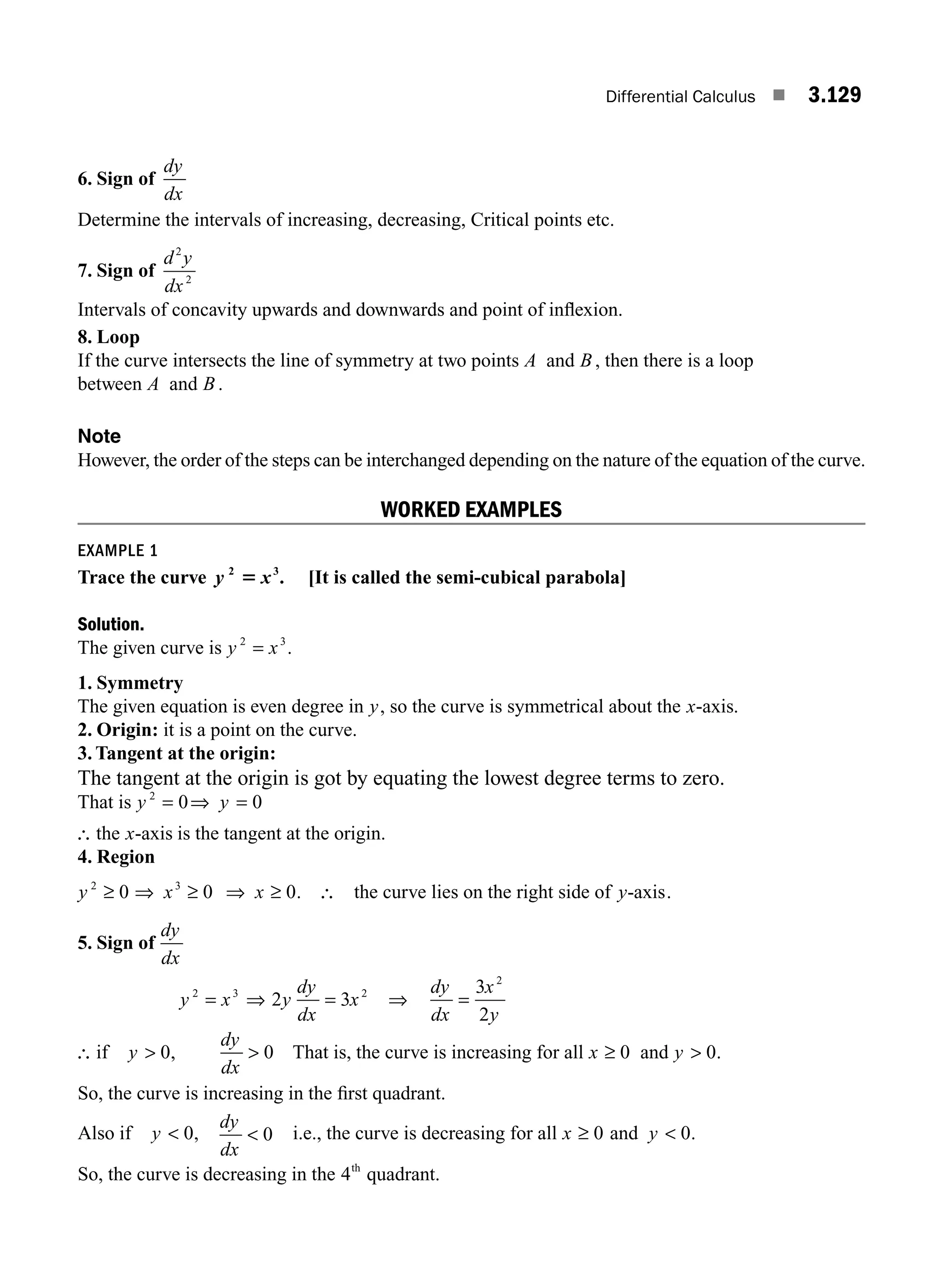 Differential Calculus ■ 3.129
6. Sign of
dy
dx
Determine the intervals of increasing, decreasing, Critical points etc.
7. Sign of
d y
dx
2
2
Intervals of concavity upwards and downwards and point of inﬂexion.
8. Loop
If the curve intersects the line of symmetry at two points A and B , then there is a loop
between A and B .
Note
However, the order of the steps can be interchanged depending on the nature of the equation of the curve.
WORKED EXAMPLES
EXAMPLE 1
Trace the curve y x
2 3
5 . [It is called the semi-cubical parabola]
Solution.
The given curve is y x
2 3
= .
1. Symmetry
The given equation is even degree in y, so the curve is symmetrical about the x-axis.
2. Origin: it is a point on the curve.
3. Tangent at the origin:
The tangent at the origin is got by equating the lowest degree terms to zero.
That is y y
2
0 0
= ⇒ =
∴ the x-axis is the tangent at the origin.
4. Region
y x x
2 3
0 0 0
≥ ⇒ ≥ ⇒ ≥ . ∴ the curve lies on the right side of y-axis.
5. Sign of
dy
dx
y x y
dy
dx
x
2 3 2
2 3
= ⇒ = ⇒
dy
dx
x
y
=
3
2
2
∴ if y  0,
dy
dx
 0 That is, the curve is increasing for all x ≥ 0 and y  0.
So, the curve is increasing in the ﬁrst quadrant.
Also if y  0,
dy
dx
 0 i.e., the curve is decreasing for all x ≥ 0 and y  0.
So, the curve is decreasing in the 4th
quadrant.
M03_ENGINEERING_MATHEMATICS-I _CH03_Part D.indd 129 5/19/2016 8:45:18 PM
 