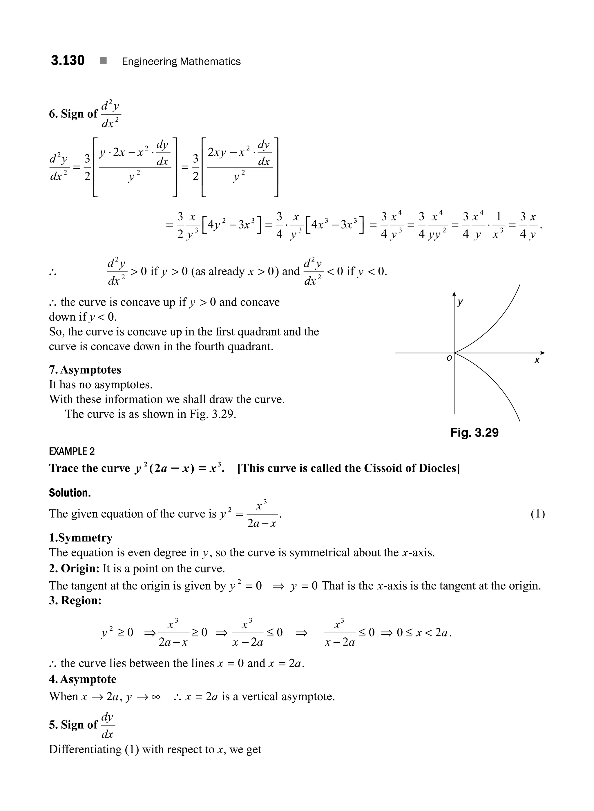 3.130 ■ Engineering Mathematics
6. Sign of
d y
dx
2
2
d y
dx
y x x
dy
dx
y
2
2
2
2
3
2
2
=
⋅ − ⋅
⎡
⎣
⎢
⎢
⎢
⎤
⎦
⎥
⎥
⎥
=
− ⋅
⎡
⎣
⎢
⎢
⎢
⎤
⎦
⎥
⎥
⎥
3
2
2 2
2
xy x
dy
dx
y
= −
⎡
⎣ ⎤
⎦
3
2
4 3
3
2 3
x
y
y x = ⋅ −
⎡
⎣ ⎤
⎦
3
4
4 3
3
3 3
x
y
x x = = = ⋅ =
3
4
3
4
3
4
1 3
4
4
3
4
2
4
3
x
y
x
yy
x
y x
x
y
.
∴
d y
dx
2
2
0
 if y  0 (as already x  0) and
d y
dx
2
2
0
 if y  0.
∴ the curve is concave up if y  0 and concave
down if y  0.
So, the curve is concave up in the ﬁrst quadrant and the
curve is concave down in the fourth quadrant.
7.Asymptotes
It has no asymptotes.
With these information we shall draw the curve.
The curve is as shown in Fig. 3.29.
EXAMPLE 2
Trace the curve y a x x
2 3
2
( ) .
2 5 [This curve is called the Cissoid of Diocles]
Solution.
The given equation of the curve is y
x
a x
2
3
2
=
−
. (1)
1.Symmetry
The equation is even degree in y, so the curve is symmetrical about the x-axis.
2. Origin: It is a point on the curve.
The tangent at the origin is given by y y
2
0 0
= ⇒ = That is the x-axis is the tangent at the origin.
3. Region:
y
x
a x
x
x a
2
3 3
0
2
0
2
0
≥ ⇒
−
≥ ⇒
−
≤ ⇒
x
x a
x a
3
2
0 0 2
−
≤ ⇒ ≤  .
∴ the curve lies between the lines x = 0 and x a
= 2 .
4.Asymptote
When x a
→ 2 , y → ∞ ∴ x a
= 2 is a vertical asymptote.
5. Sign of
dy
dx
Differentiating (1) with respect to x, we get
x
y
o
Fig. 3.29
M03_ENGINEERING_MATHEMATICS-I _CH03_Part E.indd 130 5/19/2016 8:48:06 PM
 