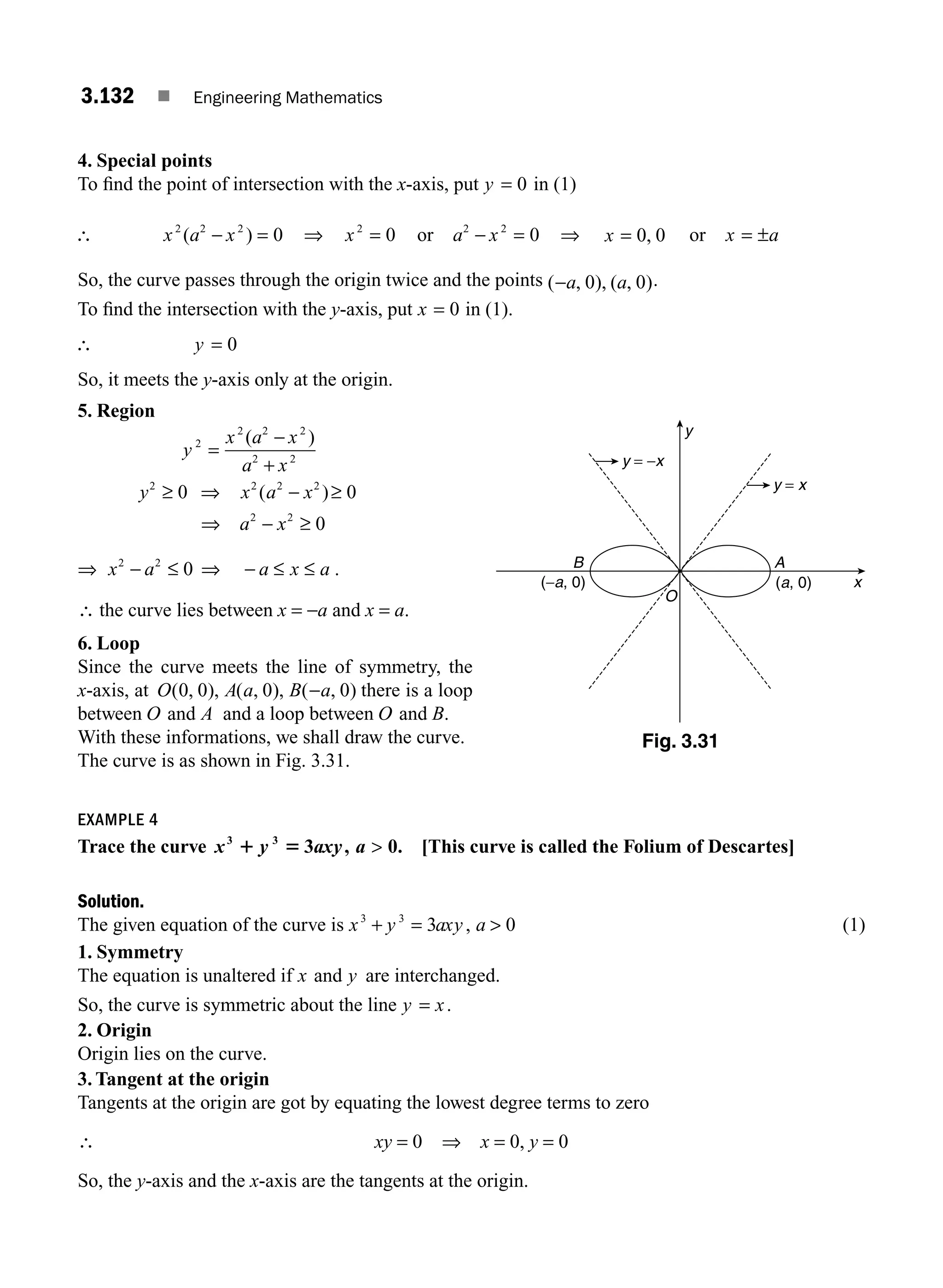 3.132 ■ Engineering Mathematics
4. Special points
To ﬁnd the point of intersection with the x-axis, put y = 0 in (1)
∴ x a x
2 2 2
0
( )
− = ⇒ x2
0
= or a x
2 2
0
− = ⇒ x = 0 0
, or x a
= ±
So, the curve passes through the origin twice and the points ( , ), ( , )
−a a
0 0 .
To ﬁnd the intersection with the y-axis, put x = 0 in (1).
∴ y = 0
So, it meets the y-axis only at the origin.
5. Region
y
x a x
a x
2
2 2 2
2 2
=
−
+
( )
y x a x
a x
2 2 2 2
2 2
0 0
0
≥ ⇒ − ≥
⇒ − ≥
( )
⇒ x a a x a
2 2
0
− ≤ ⇒ − ≤ ≤ .
∴ the curve lies between x = −a and x = a.
6. Loop
Since the curve meets the line of symmetry, the
x-axis, at O( , ), ( , ), ( , )
0 0 0 0
A a B a
− there is a loop
between O and A and a loop between O and B.
With these informations, we shall draw the curve.
The curve is as shown in Fig. 3.31.
EXAMPLE 4
Trace the curve x y axy a
3 3
3 0
1 5 ,  . [This curve is called the Folium of Descartes]
Solution.
The given equation of the curve is x y axy a
3 3
3 0
+ = 
, (1)
1. Symmetry
The equation is unaltered if x and y are interchanged.
So, the curve is symmetric about the line y x
= .
2. Origin
Origin lies on the curve.
3. Tangent at the origin
Tangents at the origin are got by equating the lowest degree terms to zero
∴ xy = 0 ⇒ x = 0, y = 0
So, the y-axis and the x-axis are the tangents at the origin.
y
x
A
B
O
y = −x
y = x
(a, 0)
(−a, 0)
Fig. 3.31
M03_ENGINEERING_MATHEMATICS-I _CH03_Part E.indd 132 5/19/2016 8:48:14 PM
 