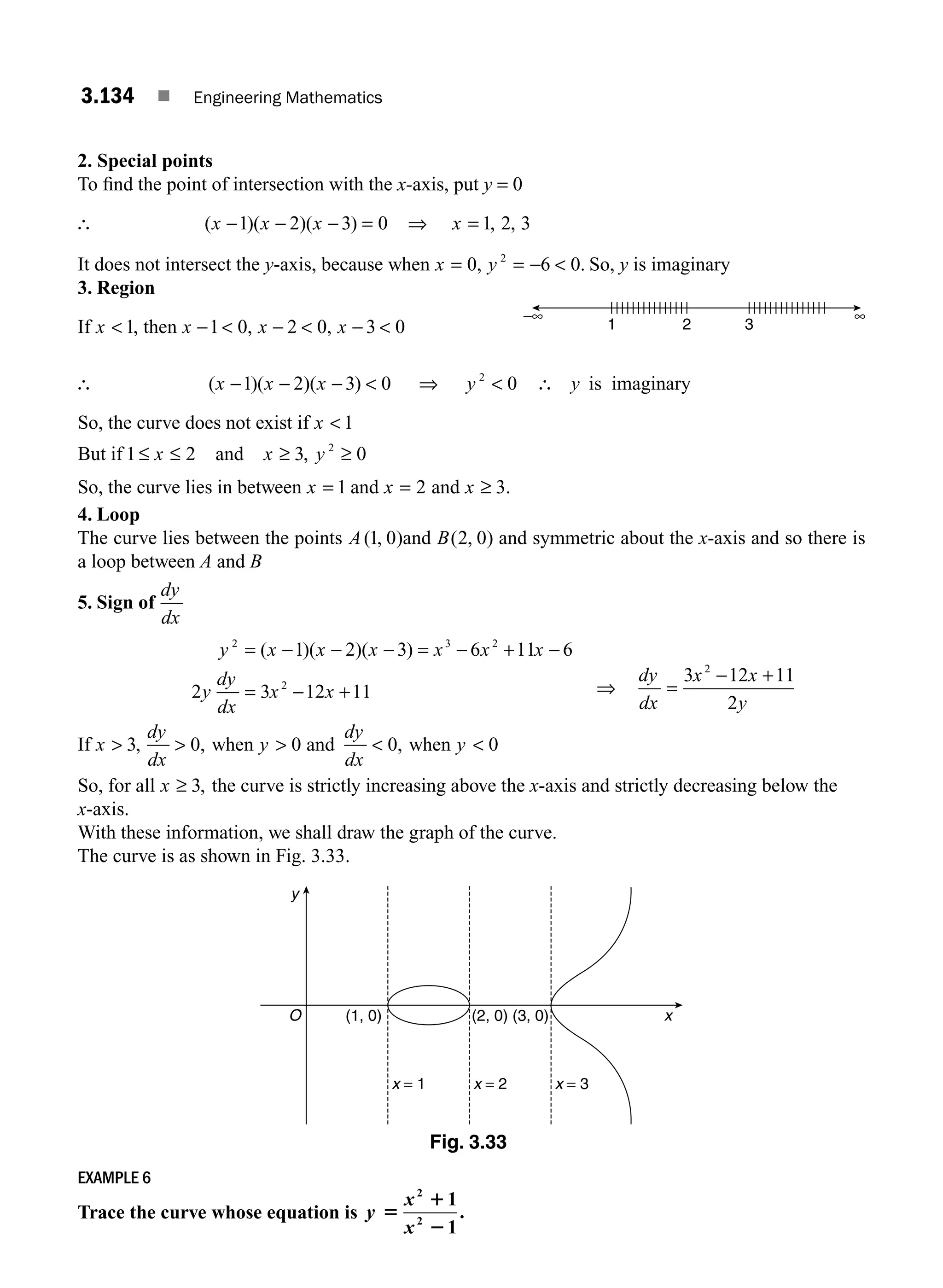 3.134 ■ Engineering Mathematics
2. Special points
To ﬁnd the point of intersection with the x-axis, put y = 0
∴ ( )( )( )
x x x
− − − =
1 2 3 0 ⇒ x = 1 2 3
, ,
It does not intersect the y-axis, because when x y
= = − 
0 6 0
2
, . So, y is imaginary
3. Region
If x  1, then x x x
−  −  − 
1 0 2 0 3 0
, ,
∴ ( )( )( )
x x x y
− − −  ⇒ 
1 2 3 0 0
2
∴ y is imaginary
So, the curve does not exist if x  1
But if 1 2
≤ ≤
x and x ≥ 3, y 2
0
≥
So, the curve lies in between x = 1 and x = 2 and x ≥ 3.
4. Loop
The curve lies between the points A( , )
1 0 and B( , )
2 0 and symmetric about the x-axis and so there is
a loop between A and B
5. Sign of
dy
dx
y x x x x x x
y
dy
dx
x x
2 3 2
2
1 2 3 6 11 6
2 3 12 11
= − − − = − + −
= − +
( )( )( )
⇒
dy
dx
x x
y
=
− +
3 12 11
2
2
If x
dy
dx
 
3 0
, , when y  0 and
dy
dx
 0, when y  0
So, for all x ≥ 3, the curve is strictly increasing above the x-axis and strictly decreasing below the
x-axis.
With these information, we shall draw the graph of the curve.
The curve is as shown in Fig. 3.33.
x
y
O (2, 0) (3, 0)
(1, 0)
x = 1 x = 2 x = 3
Fig. 3.33
EXAMPLE 6
Trace the curve whose equation is y
x
x
5
1
2
2
2
1
1
.
∞
−∞
1 2 3
M03_ENGINEERING_MATHEMATICS-I _CH03_Part E.indd 134 5/19/2016 8:48:21 PM
 