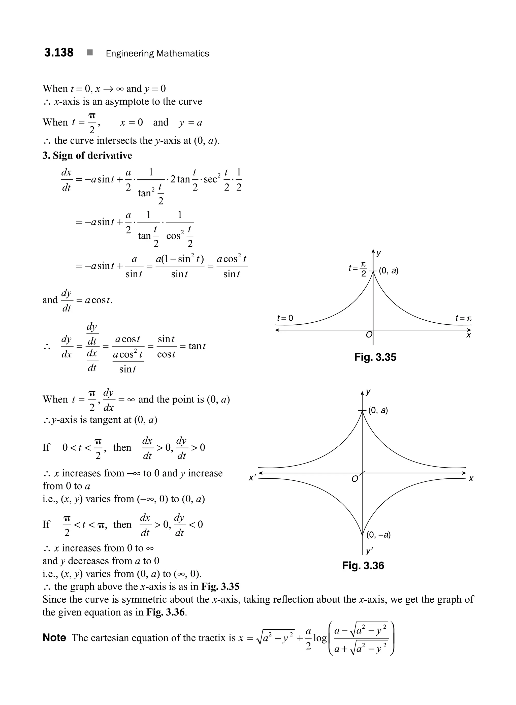 3.138 ■ Engineering Mathematics
When t = 0, x → ∞ and y = 0
∴ x-axis is an asymptote to the curve
When t =
p
2
, x y a
= =
0 and
∴ the curve intersects the y-axis at (0, a).
3. Sign of derivative
dx
dt
a t
a
t
t t
a t
a
t
= − +
= − +
sin
tan
tan sec
sin
tan
2
1
2
2
2 2
1
2
2
1
2
1
2
2
⋅ ⋅ ⋅ ⋅
⋅ ⋅
c
cos
sin
sin
( sin )
sin
cos
sin
2
2 2
2
1
t
a t
a
t
a t
t
a t
t
= − + =
−
=
and
dy
dt
a t
= cos .
∴
dy
dx
dy
dt
dx
dt
a t
a t
t
t
t
t
= = = =
cos
cos
sin
sin
cos
tan
2
When t
dy
dx
= =
p
2
, ∞ and the point is (0, a)
∴y-axis is tangent at (0, a)
If 0
2
0 0
   
t
dx
dt
dy
dt
p
, ,
then
∴ x increases from −∞ to 0 and y increase
from 0 to a
i.e., (x, y) varies from (−∞, 0) to (0, a)
If
p
p
2
0 0
   
t
dx
dt
dy
dt
, ,
then
∴ x increases from 0 to ∞
and y decreases from a to 0
i.e., (x, y) varies from (0, a) to (∞, 0).
∴ the graph above the x-axis is as in Fig. 3.35
Since the curve is symmetric about the x-axis, taking reﬂection about the x-axis, we get the graph of
the given equation as in Fig. 3.36.
Note The cartesian equation of the tractix is x a y
a a a y
a a y
= − +
− −
+ −
⎛
⎝
⎜
⎞
⎠
⎟
2 2
2 2
2 2
2
log
x
y
(0, a)
t = 0 t = π
O
t =
2
π
Fig. 3.35
x
x ′
y
y ′
(0, a)
(0, −a)
O
Fig. 3.36
M03_ENGINEERING_MATHEMATICS-I _CH03_Part E.indd 138 5/19/2016 8:48:31 PM
 