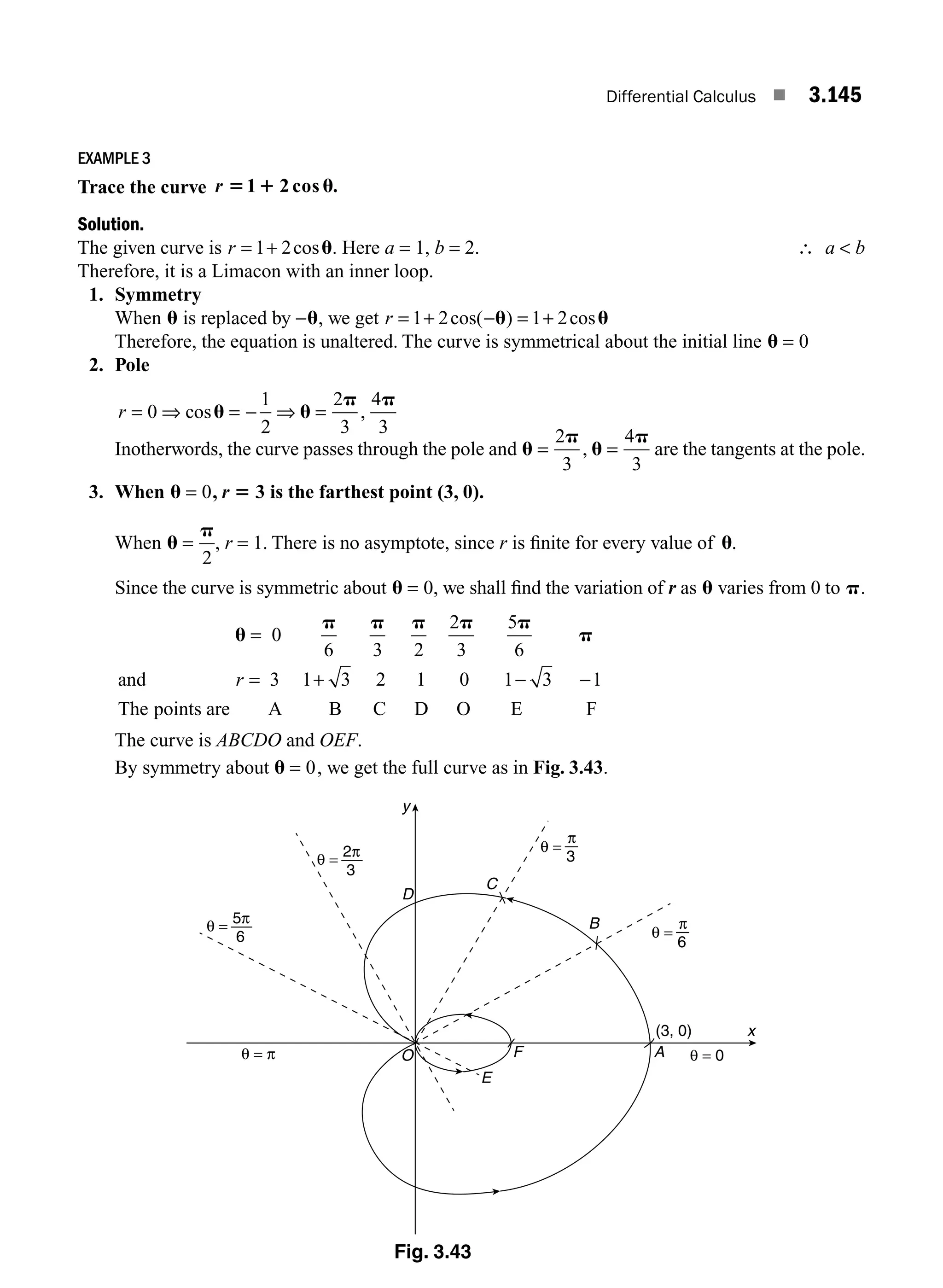 Differential Calculus ■ 3.145
EXAMPLE 3
Trace the curve r 5 1 u
1 2 cos .
Solution.
The given curve is r = +
1 2cosu. Here a = 1, b = 2. ∴ 
a b
Therefore, it is a Limacon with an inner loop.
1. Symmetry
When u is replaced by −u, we get r = + − = +
1 2 1 2
cos( ) cos
u u
Therefore, the equation is unaltered. The curve is symmetrical about the initial line u = 0
2. Pole
r = ⇒ = − ⇒ =
0
1
2
2
3
4
3
cos ,
u u
p p
Inotherwords, the curve passes through the pole and u
p
u
p
= =
2
3
4
3
, are the tangents at the pole.
3. When u = 0, r 5 3 is the farthest point (3, 0).
When u
p
=
2
, r = 1. There is no asymptote, since r is ﬁnite for every value of u.
Since the curve is symmetric about u = 0, we shall ﬁnd the variation of r as u varies from 0 to p.
u
p p p p p
p
=
+ −
0
6 3 2
2
3
5
6
3 1 3 2 1 0 1 3 1
and r = −
The points are A B C D O E F
The curve is ABCDO and OEF.
By symmetry about u = 0, we get the full curve as in Fig. 3.43.
Fig. 3.43
θ = 0
θ = π
x
y
O
E
F A
B
C
D
(3, 0)
π
3
θ =
π
6
θ =
2π
3
θ =
5π
6
θ =
M03_ENGINEERING_MATHEMATICS-I _CH03_Part E.indd 145 5/19/2016 8:48:59 PM
 