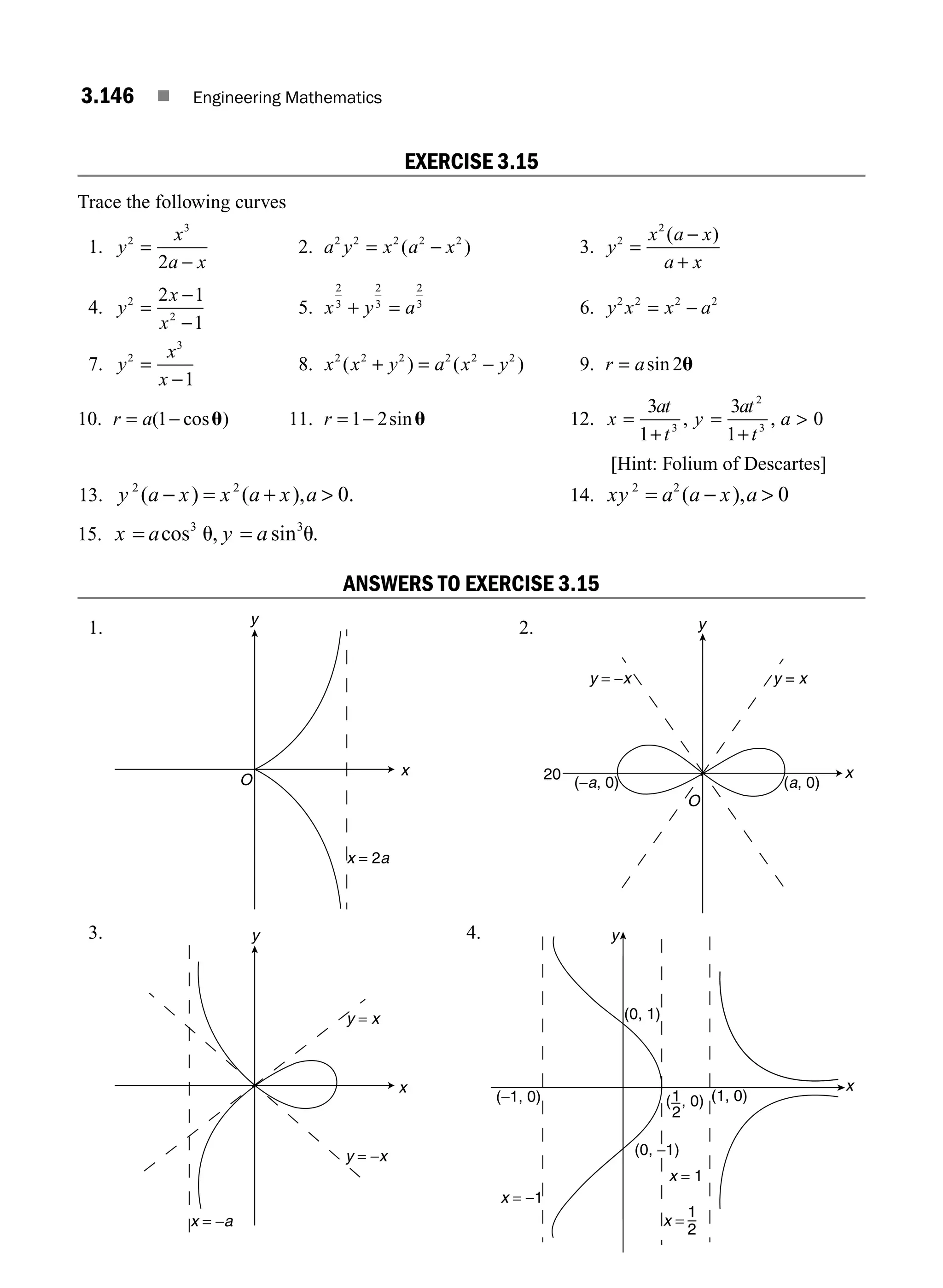 3.146 ■ Engineering Mathematics
EXERCISE 3.15
Trace the following curves
1. y
x
a x
2
3
2
=
−
2. a y x a x
2 2 2 2 2
= −
( ) 3. y
x a x
a x
2
2
=
−
+
( )
4. y
x
x
2
2
2 1
1
=
−
−
5. x y a
2
3
2
3
2
3
+ = 6. y x x a
2 2 2 2
= −
7. y
x
x
2
3
1
=
−
8. x x y a x y
2 2 2 2 2 2
( ) ( )
+ = − 9. r a
= sin 2u
10. r a
= −
( cos
1 u) 11. r = −
1 2sinu 12. x
at
t
y
at
t
a
=
+
=
+

3
1
3
1
0
3
2
3
, ,
[Hint: Folium of Descartes]
13. y a x x a x a
2 2
0
( ) ( ), .
− = +  14. xy a a x a
2 2
0
= − 
( ),
15. x a
= =
cos .
3 3
u u
, sin
y a
ANSWERS TO EXERCISE 3.15
1.
x
y
O
x = 2a
2.
x
y
y = x
y = −x
O
20
(a, 0)
(−a, 0)
3.
x
y
y = x
y = −x
x = −a
4.
(−1, 0) (1, 0)
(0, 1)
(0, −1)
1
x = −1
x = 1
x
y
1
2
2
( , 0)
x =
M03_ENGINEERING_MATHEMATICS-I _CH03_Part E.indd 146 5/19/2016 8:49:02 PM
 