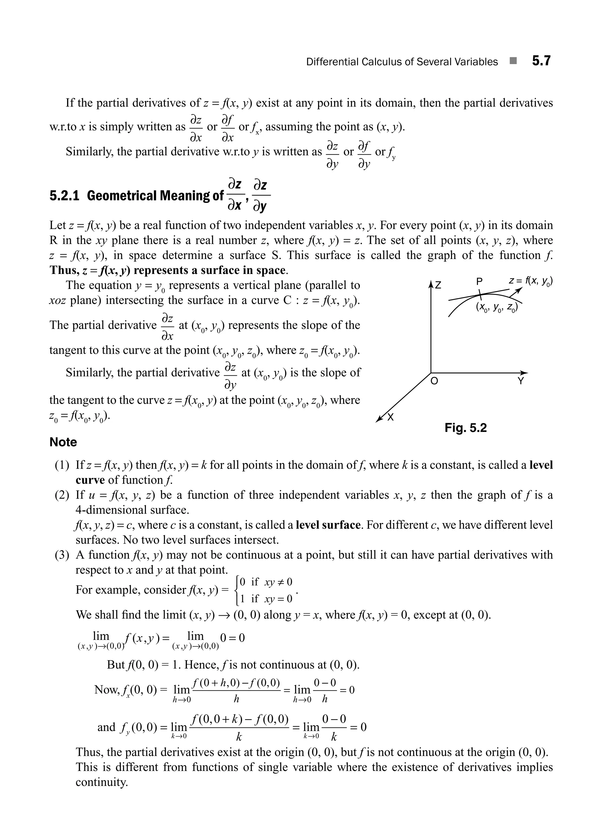 Differential Calculus of Several Variables ■ 5.7
If the partial derivatives of z = f(x, y) exist at any point in its domain, then the partial derivatives
w.r.to x is simply written as
∂
∂
z
x
or
∂
∂
f
x
or fx
, assuming the point as (x, y).
Similarly, the partial derivative w.r.to y is written as ∂
∂
z
y
or ∂
∂
f
y
or fy
5.2.1 Geometrical Meaning of
∂
∂
z
x
,
∂
∂
z
y
Let z = f(x, y) be a real function of two independent variables x, y. For every point (x, y) in its domain
R in the xy plane there is a real number z, where f(x, y) = z. The set of all points (x, y, z), where
z = f(x, y), in space determine a surface S. This surface is called the graph of the function f.
Thus, z = f(x, y) represents a surface in space.
The equation y = y0
represents a vertical plane (parallel to
xoz plane) intersecting the surface in a curve C : z = f(x, y0
).
The partial derivative
∂
∂
z
x
at (x0
, y0
) represents the slope of the
tangent to this curve at the point (x0
, y0
, z0
), where z0
= f(x0
, y0
).
Similarly, the partial derivative ∂
∂
z
y
at (x0
, y0
) is the slope of
the tangent to the curve z = f(x0
, y) at the point (x0
, y0
, z0
), where
z0
= f(x0
, y0
).
Note
(1) If z = f(x, y) then f(x, y) = k for all points in the domain of f, where k is a constant, is called a level
curve of function f.
(2) If u = f(x, y, z) be a function of three independent variables x, y, z then the graph of f is a
4-dimensional surface.
f(x, y, z) = c, where c is a constant, is called a level surface. For different c, we have different level
surfaces. No two level surfaces intersect.
(3) A function f(x, y) may not be continuous at a point, but still it can have partial derivatives with
respect to x and y at that point.
For example, consider f(x, y) =
0
1
0
0
⎧
⎨
⎩
≠
=
if
if
xy
xy
.
We shall ﬁnd the limit (x, y) → (0, 0) along y = x, where f(x, y) = 0, except at (0, 0).
lim ( , ) lim
( , ) ( , ) ( , ) ( , )
x y x y
f x y
→ →
= =
0 0 0 0
0 0
But f(0, 0) = 1. Hence, f is not continuous at (0, 0).
Now, fx
(0, 0) = lim lim
( , ) ( , )
h h
f h f
h h
→ →
+ −
=
−
=
0 0
0 0 0 0 0 0
0
and f
f k f
k k
y
k k
( , ) lim
( , ) ( , )
lim
0 0
0 0 0 0 0 0
0
0 0
=
+ −
=
−
=
→ →
Thus, the partial derivatives exist at the origin (0, 0), but f is not continuous at the origin (0, 0).
This is different from functions of single variable where the existence of derivatives implies
continuity.
z = f(x, y0
)
(x0
, y0
, z0
)
P
Z
O Y
X
Fig. 5.2
M05_ENGINEERING_MATHEMATICS-I _CH05_Part A.indd 7 5/12/2016 10:24:25 AM
 