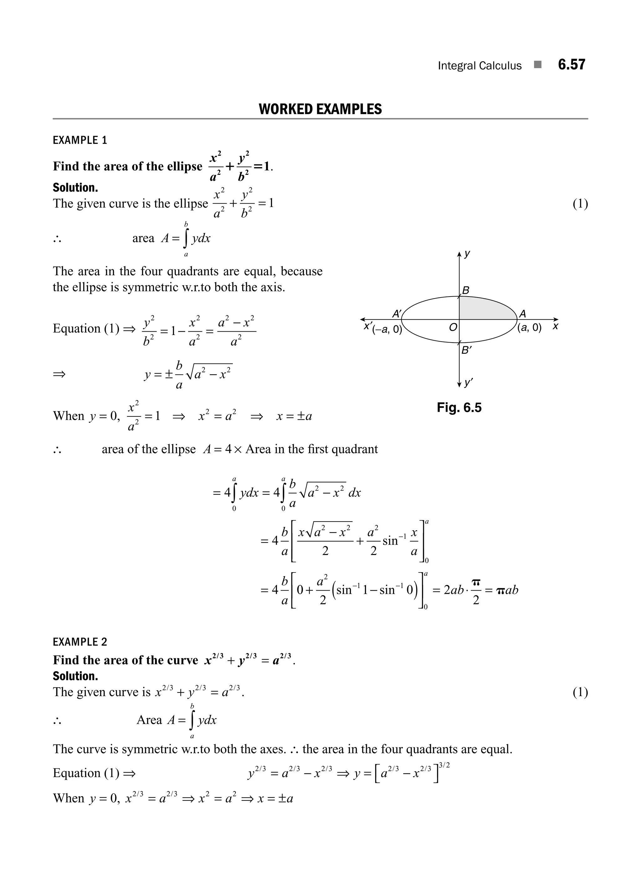 Integral Calculus ■ 6.57
WORKED EXAMPLES
EXAMPLE 1
Find the area of the ellipse
x
a
y
b
2
2
2
2
1
1 5 .
Solution.
The given curve is the ellipse
x
a
y
b
2
2
2
2
1
+ = (1)
∴ area A ydx
a
b
= ∫
The area in the four quadrants are equal, because
the ellipse is symmetric w.r.to both the axis.
Equation (1) ⇒ y
b
x
a
a x
a
2
2
2
2
2 2
2
1
= − =
−
⇒ y
b
a
a x
= ± −
2 2
When y = 0,
x
a
x a x a
2
2
2 2
1
= ⇒ = ⇒ = ±
∴ area of the ellipse A = ×
4 Area in the ﬁrst quadrant
= = −
=
−
+
⎡
⎣
⎢
⎢
⎤
⎦
⎥
⎥
=
∫ ∫
−
4 4
4
2 2
4
0
2 2
0
2 2 2
1
0
ydx
b
a
a x dx
b
a
x a x a x
a
b
a
a a
a
sin
0
0
2
1 0 2
2
2
1 1
0
+ −
( )
⎡
⎣
⎢
⎤
⎦
⎥ = ⋅ =
− −
a
ab ab
a
sin sin
p
p
EXAMPLE 2
Find the area of the curve x y a
2/3 2/3 2/3
+ = .
Solution.
The given curve is x y a
2 3 2 3 2 3
/ / /
.
+ = (1)
∴ Area A ydx
a
b
= ∫
The curve is symmetric w.r.to both the axes. ∴ the area in the four quadrants are equal.
Equation (1) ⇒ y a x y a x
2 3 2 3 2 3 2 3 2 3 3 2
/ / / / / /
= − ⇒ = −
⎡
⎣ ⎤
⎦
When y = 0, x a x a x a
2 3 2 3 2 2
/ /
= ⇒ = ⇒ = ±
O
y
y′
x
x′
B′
A′ A
B
(−a, 0) (a, 0)
Fig. 6.5
M06_ENGINEERING_MATHEMATICS-I _CH06_PART A.indd 57 5/19/2016 4:54:27 PM
 