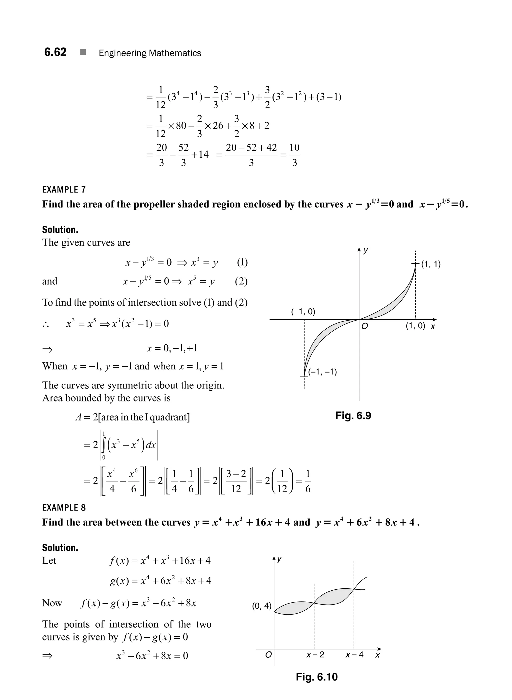 6.62 ■ Engineering Mathematics
= − − − + − + −
= × − × + × +
=
1
12
3 1
2
3
3 1
3
2
3 1 3 1
1
12
80
2
3
26
3
2
8 2
4 4 3 3 2 2
( ) ( ) ( ) ( )
2
20
3
52
3
14
20 52 42
3
10
3
− + =
− +
=
EXAMPLE 7
Find the area of the propeller shaded region enclosed by the curves x y
2 5
1 3
0 and x y
2 5
1 5
0.
Solution.
The given curves are
x y x y
− = ⇒ =
1 3 3
0 ( )
1
and x y x y
− = ⇒ =
1 5 5
0 ( )
2
To ﬁnd the points of intersection solve ( )
1 and ( )
2
∴ x x x x
3 5 3 2
1 0
= ⇒ − =
( )
⇒ x 0 1 1
= − +
, ,
When x y x y
= − = − = =
1 1 1 1
, ,
and when
The curves are symmetric about the origin.
Area bounded by the curves is
A = 2[area in theIquadrant]
= −
( )
= −
⎡
⎣
⎢
⎤
⎦
⎥ = −
⎡
⎣
⎢
⎤
⎦
⎥ =
−
⎡
⎣
⎢
⎤
⎦
⎥ =
∫
2
2
4 6
2
1
4
1
6
2
3 2
12
2
1
3 5
0
1
4 6
x x dx
x x
1
12
1
6
⎛
⎝
⎜
⎞
⎠
⎟ =
EXAMPLE 8
Find the area between the curves y x x x
5 1 1 1
4 3
16 4 and y x x x
5 1 1 1
4 2
6 8 4 .
Solution.
Let f x x x x
( ) = + + +
4 3
16 4
g x x x x
( ) = + + +
4 2
6 8 4
Now f x g x x x x
( ) ( )
− = − +
3 2
6 8
The points of intersection of the two
curves is given by f x g x
( ) ( )
− = 0
⇒ x x x
3 2
6 8 0
− + =
O
(1, 1)
(1, 0)
(−1, −1)
(−1, 0)
y
x
Fig. 6.9
y
x
O
(0, 4)
x = 2 x = 4
Fig. 6.10
M06_ENGINEERING_MATHEMATICS-I _CH06_PART A.indd 62 5/19/2016 4:54:48 PM
 