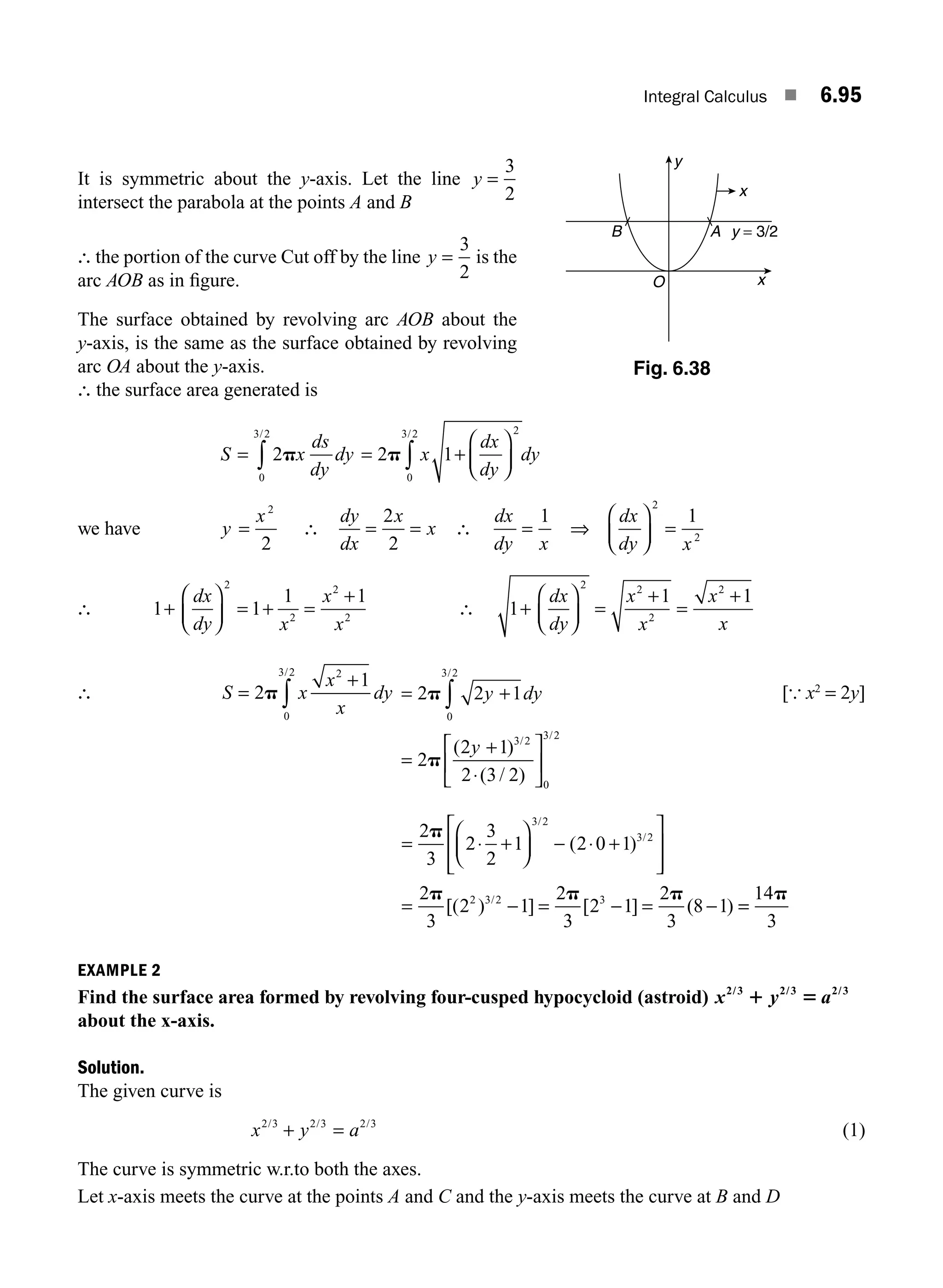 Integral Calculus ■ 6.95
It is symmetric about the y-axis. Let the line y =
3
2
intersect the parabola at the points A and B
∴the portion of the curve Cut off by the line y =
3
2
is the
arc AOB as in ﬁgure.
The surface obtained by revolving arc AOB about the
y-axis, is the same as the surface obtained by revolving
arc OA about the y-axis.
∴ the surface area generated is
S x
ds
dy
dy x
dx
dy
dy
= = +
⎛
⎝
⎜
⎞
⎠
⎟
∫ ∫
2 2 1
0
3 2
0
3 2 2
p p
/ /
we have y
x
=
2
2
∴
dy
dx
x
x
= =
2
2
∴
dx
dy x
dx
dy x
= ⇒
⎛
⎝
⎜
⎞
⎠
⎟ =
1 1
2
2
∴ 1 1
1 1
2
2
2
2
+
⎛
⎝
⎜
⎞
⎠
⎟ = + =
+
dx
dy x
x
x
∴ 1
1 1
2 2
2
2
+
⎛
⎝
⎜
⎞
⎠
⎟ =
+
=
+
dx
dy
x
x
x
x
∴ S x
x
x
dy
=
+
∫
2
1
0
3 2 2
p
/
= +
=
+
⋅
⎡
⎣
⎢
⎤
⎦
⎥
∫
2 2 1
2
2 1
2 3 2
0
3 2
3 2
0
3 2
p
p
y dy
y
/
/ /
( )
( / )
[{ x2
= 2y]
= ⋅ +
⎛
⎝
⎜
⎞
⎠
2
3
2
3
2
1
p
⎟
⎟ − ⋅ +
⎡
⎣
⎢
⎢
⎤
⎦
⎥
⎥
= − = − = −
3 2
3 2
2 3 2 3
2 0 1
2
3
2 1
2
3
2 1
2
3
8 1
/
/
/
( )
[( ) ] [ ] ( )
p p p
=
=
14
3
p
EXAMPLE 2
Find the surface area formed by revolving four-cusped hypocycloid (astroid) x y a
2 3 2 3 2 3
/ / /
1 5
about the x-axis.
Solution.
The given curve is
x y a
2 3 2 3 2 3
/ / /
+ = (1)
The curve is symmetric w.r.to both the axes.
Let x-axis meets the curve at the points A and C and the y-axis meets the curve at B and D
y
x
A
B
x
y = 3/2
O
Fig. 6.38
M06_ENGINEERING_MATHEMATICS-I _CH06_PART B.indd 95 5/19/2016 3:16:37 PM
 