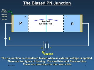 The Biased PN Junction
P n
+
_
Applied
Electric Field
Metal
Contact
“Ohmic
Contact”
(Rs~0)
+
_
Vapplied
I
The pn junction is considered biased when an external voltage is applied.
There are two types of biasing: Forward bias and Reverse bias.
These are described on then next slide.
4/8/2024 5
 