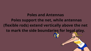 Poles and Antennas
Poles support the net, while antennas
(flexible rods) extend vertically above the net
to mark the side boundaries for legal play.
 