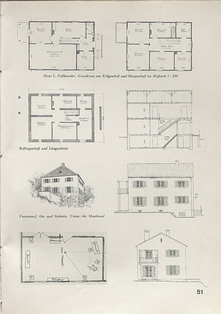 -G'Vn-
A í » Í i »i í '
JOoí>
Haus L. Faßbaender. Grundrisse von Erdgeschoß und Obergeschoß im Maßstab 1 : 200
tíomnx-b-
Kellergeschoß und Längsschnitt
Vorentwurf. Ost- und Südseite. Unten: der Musiksaal
51
 