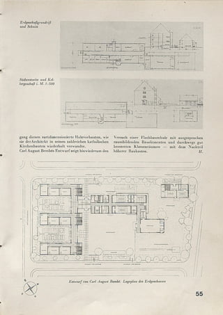 C( r - -
Entwurf von Carl August Bembe. Lageplan des Erdgeschosses
Erdgeschoßgrundriß
und Schnitt lobio .
!<aoa
gang dienen zartdimensionierte Holzvorbauten, wie
sie derA rchitekt in seinen zahlreichen katholischen
K irchenbauten wiederholt verwandte.
Carl August Bembes E ntw urf zeigt hinwiederum den
Versuch einer Flachbauschule m it ausgesprochen
raum bildenden Bauelementen und durchwegs gut
besonnten Klassenräumen — m it dem Nachteil
höherer Baukosten. H.
Südtveslseile und Kel­
lergeschoß i. M. 1:500
 