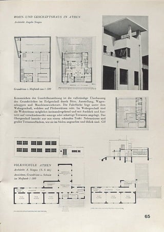 WOHN- UND G E SC H Ä F TSH A U S IN A T H E N
It k r a s s « ( DOHA)h:
Tsuimuutb
wuNrpjs.i r« •AOJ4S
Grundrisse i. Maßstab von 1:500
Kennzeichen der Gundrißanordnung ist die vollständige Überbauung
des Grundstückes im Erdgeschoß durch Büro, Ausstellung, Wagcn-
schuppen und M aschinenwerkstatt. Die Fakrfläcke liegt unter dem
W ohngeschoß, welches auf Pfeilerstützen ruht. Im Wohngeschoß sind
die W ohnräum e möglichst ineinandergehend und m it Ausblick und Aus­
tritt auf verschiedenerlei sonnige oder schattige Terrassen angelegt. Das
Obergeschoß besteht nur aus einem schmalen Trakt Nebenräume und
großer Terrassenflächen, wie sie im Süden angenehm und üblich sind. GH
VO LK SSC H U LE A T H E N
Architekt A. Siagas (S. S. 66)
Ansichten, Grundrisse u. Schnitt
im Maßstab 1:500
FLU«?
LEH5E«?
i
>
65
 