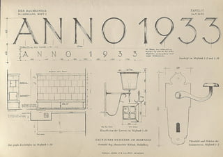 TA FEL 17
(zu S. 50-51)
D E R B A U M EISTER
31.JAHRGANG, H EFT 2
Inschrift im Maßstab 1:2 und 1:10
tÖO*--Prüf 1C*rw
Einzelheiten der Laterne im Maßstab 1:20
HAUS E IN E S M U SIK ERS A M BODENSEE Türschild und Drücker der
Zimmertüren, Maßstab 1:2Architekt Reg.-Baumeister Külmel, HeidelbergDer große Kachelofen im Maßstab 1:20
VERLAG GEORG D. W. CALLWEY - MÜNCHEN
 