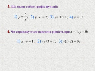 3.3. Що являє собою графiк функцiї:
5
;1) y
x
= 2) y−x2
= 2; 3) y= 3x+1; 4) y = 3?
4.4. Чи справджується наведена рiвнiсть при x = 1, y = 0:
1) x +y = 1; 2) xy+3 = x; 3) y(x+2) = 0?
 