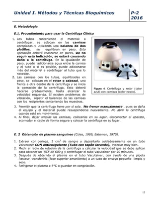 Unidad I. Métodos y Técnicas Bioquímicos P-2
2016
15
E. Metodología
E.1. Procedimiento para usar la Centrífuga Clínica
3. Permitir que la centrífuga frene por sí sola. ¡No frenar manualmente!, pues se daña
el equipo y el material puede resuspenderse nuevamente. No abrir la centrífuga
cuando esté en movimiento.
4. Al final, dejar limpias las camisas, colocarlas en su lugar, desconectar el aparato,
acomodar el cable de forma segura y colocar la centrífuga en su lugar.
E. 2 Obtención de plasma sanguíneo (Coles, 1989, Bateman, 1970).
1. Extraer con jeringa, 3 cm3
de sangre y depositarla cuidadosamente en un tubo
Vacutainer CON anticoagulante (Tubo con tapón lavanda). Mezclar muy bien.
2. Medir el radio de rotación de la centrífuga y calcular la velocidad que se debe aplicar
para obtener un RCF de 600 g y centrifugar el tubo Vacutainer por 20 minutos.
3. Después de obtenido el plasma en el tubo Vacutainer, con ayuda de una pipeta
Pasteur, transferirlo (fase superior amarillenta) a un tubo de ensayo pequeño limpio y
seco.
4. Refrigerar el plasma a 4°C o guardar en congelación.
1. Los tubos conteniendo el material a
centrifugar, se colocan en las camisas
apropiadas y utilizando una balanza de dos
platillos, se equilibran en peso. Esta
operación deberá realizarse en pares. De no
seguir esta indicación, se estará causando
daño a la centrífuga. En la igualación de
peso, puede adicionarse agua entre la camisa
y el tubo o si es posible, puede adicionarse
más del material a centrifugar al tubo que lo
necesite.
2. Las camisas con los tubos, equilibradas en
peso, se colocan en el rotor o cabezal, una
frente a otra dentro de la centrífuga y se inicia
la operación de la centrífuga. Esto deberá
hacerse gradualmente, hasta alcanzar la
velocidad requerida. Sí existen problemas de
vibración, repetir el balanceo de las camisas
con los recipientes conteniendo las muestras.
Figura 4. Centrífuga y rotor (color
azul) con camisas (color negro).
 