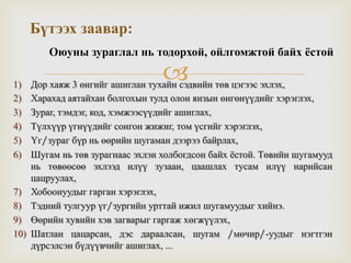 1) Дор хаяж 3 өнгийг ашиглан тухайн сэдвийн төв цэгээс эхлэх,
2) Харахад аятайхан болгохын тулд олон янзын өнгөнүүдийг хэрэглэх,
3) Зураг, тэмдэг, код, хэмжээсүүдийг ашиглах,
4) Түлхүүр үгнүүдийг сонгон жижиг, том үсгийг хэрэглэх,
5) Үг/зураг бүр нь өөрийн шугаман дээрээ байрлах,
6) Шугам нь төв зурагнаас эхлэн холбогдсон байх ѐстой. Төвийн шугамууд
нь төвөөсөө эхлээд илүү зузаан, цаашлах тусам илүү нарийсан
цацруулах,
7) Хобоонуудыг гарган хэрэглэх,
8) Тэдний тулгуур үг/зургийн урттай ижил шугамуудыг хийнэ.
9) Өөрийн хувийн хэв загварыг гаргаж хөгжүүлэх,
10) Шатлан цацарсан, дэс дараалсан, шугам /мөчир/-уудыг нэгтгэн
дүрсэлсэн бүдүүвчийг ашиглах, ...
Бүтээх заавар:
Оюуны зураглал нь тодорхой, ойлгомжтой байх ёстой
 