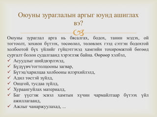 Оюуны зураглал арга нь бясалгах, бодох, танин мэдэх, ой
тогтоолт, зохион бүтээх, төсөөлөл, төлөвлөх гээд сэтгэн бодохтой
холбоотой бүх үйлийг гүйцэтгэхэд хамгийн тохиромжтой бөгөөд
сургалт болон судалгаанд хэрэглэж байна. Өөрөөр хэлбэл,
 Асуудлыг шийдвэрлэхэд,
 Бүдүүвч/тогтолцооны загвар,
 Бүтэц/харилцаа холбооны илэрхийлэлд,
 Адил төстэй зүйлд,
 Онцгой, тусдаа зүйлд,
 Хураангуйлах материалд,
 Баг үүсгэж эсвэл хамтын хүчин чармайлтаар бүтээх үйл
ажиллагаанд,
 Ажлыг чанаржуулахад, ...
Оюуны зураглалын аргыг юунд ашиглах
вэ?
 
