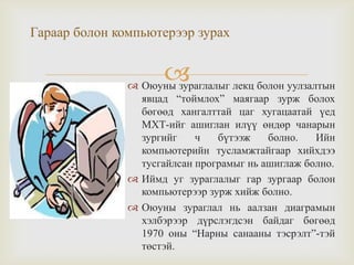 
Гараар болон компьютерээр зурах
 Оюуны зураглалыг лекц болон уулзалтын
явцад “тоймлох” маягаар зурж болох
бөгөөд хангалттай цаг хугацаатай үед
МХТ-ийг ашиглан илүү өндөр чанарын
зургийг ч бүтээж болно. Ийн
компьютерийн тусламжтайгаар хийхдээ
тусгайлсан програмыг нь ашиглаж болно.
 Иймд уг зураглалыг гар зургаар болон
компьютерээр зурж хийж болно.
 Оюуны зураглал нь аалзан диаграмын
хэлбэрээр дүрслэгдсэн байдаг бөгөөд
1970 оны “Нарны санааны тэсрэлт”-тэй
төстэй.
 