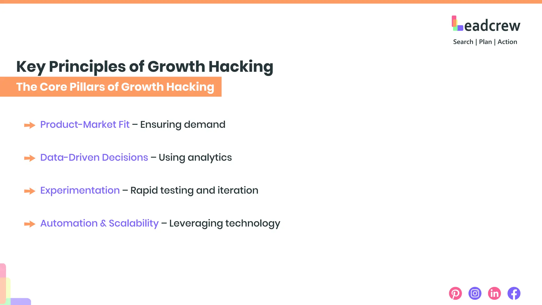 The Core Pillars of Growth Hacking
Key Principles of Growth Hacking
Product-Market Fit – Ensuring demand
Data-Driven Decisions – Using analytics
Experimentation – Rapid testing and iteration
Automation & Scalability – Leveraging technology
 