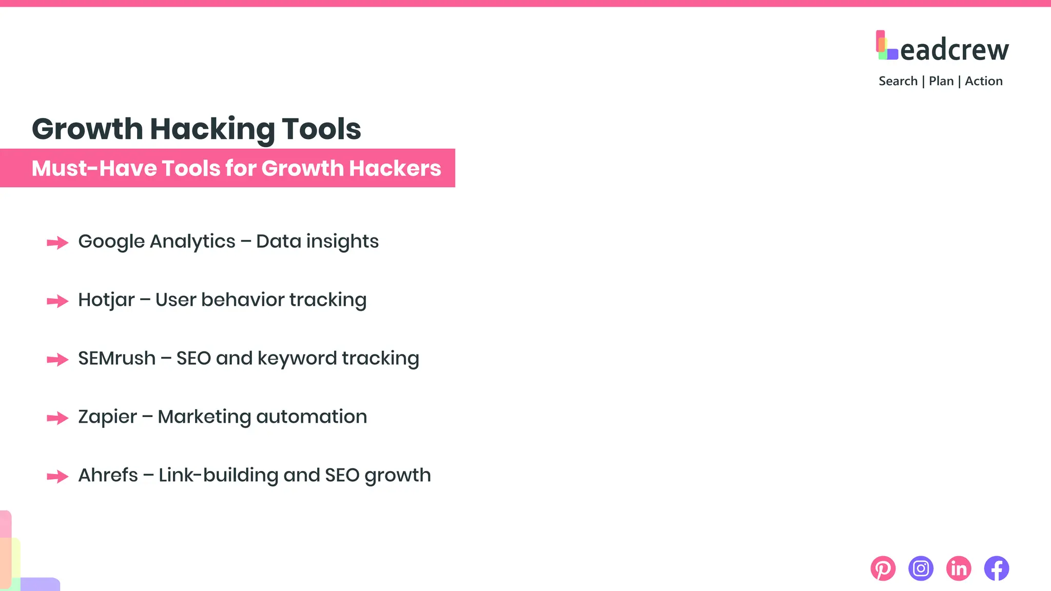 Must-Have Tools for Growth Hackers
Growth Hacking Tools
Google Analytics – Data insights
Hotjar – User behavior tracking
SEMrush – SEO and keyword tracking
Zapier – Marketing automation
Ahrefs – Link-building and SEO growth
 