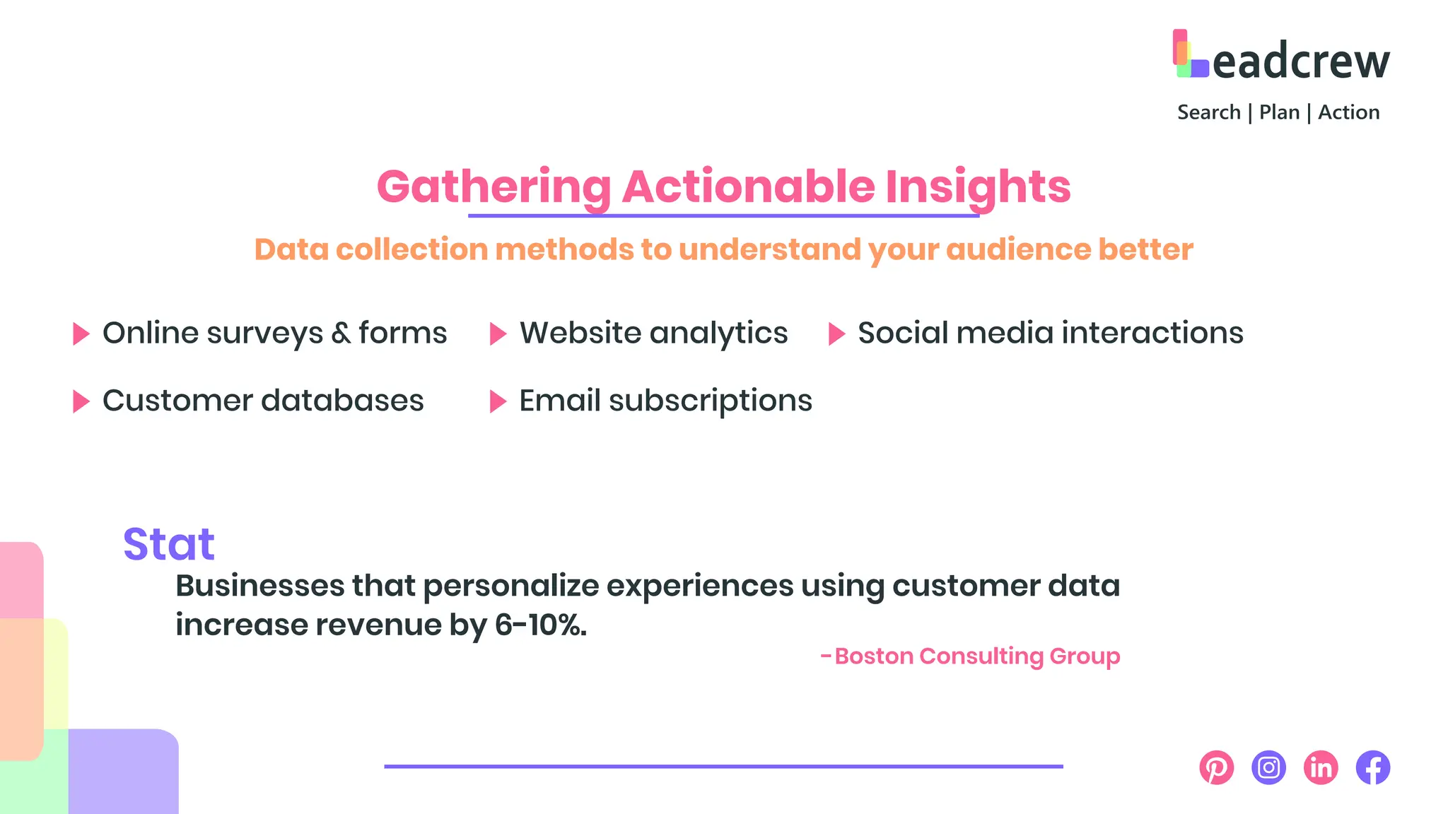 Gathering Actionable Insights
Data collection methods to understand your audience better
Online surveys & forms Website analytics
Customer databases Email subscriptions
Social media interactions
Businesses that personalize experiences using customer data
increase revenue by 6-10%.
Stat
-Boston Consulting Group
 