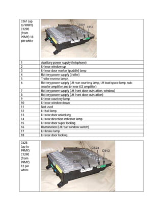 C361 (up
to 99MY)
C1290
(from
99MY) 18
pin white
1 Auxiliary power supply (telephone)
2 LH rear window up
3 LH rear door marker (puddle) lamp
4 Battery power supply (trailer)
5 Trailer reverse lamps
6 Battery power supply (LH rear courtesy lamp, LH load space lamp, sub-
woofer amplifier and LH rear ICE amplifier)
7 Battery power supply (LH front door outstation, window)
8 Battery power supply (LH front door outstation)
9 LH rear courtesy lamp
10 LH rear window down
11 Not used
12 LH tail lamp
13 LH rear door unlocking
14 LH rear direction indicator lamp
15 LH rear door super locking
16 Illumination (LH rear window switch)
17 LH brake lamp
18 LH rear door locking
C625
(up to
99MY)
C1290
(from
99MY)
12 pin
white
 