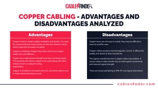 c a b l e s ﬁ n d e r. c o m
COPPER CABLING - ADVANTAGES AND
DISADVANTAGES ANALYZED
Advantages Disadvantages
Copper metal is metal is highly malleable and ductile. It is used
for conductivity and metal sheets cut into thin sheets or wires
which eases the formation of cables.
Copper is relatively cheaper than silver and hence copper
cables are cost eﬀective.
Copper is resistant to corrosion and rust, and hence able to use
in moist and humid areas as well
Copper has a high tensile strength and does not break easily.
This property also allows copper to be used along with other
metals to form an alloy for wiring
applications
Copper wires are not easy to install, they may be diﬃcult to
move to another area.
Copper cables produce electromagnetic current. It eﬀects the
quality and speed of data transferred.
There are issues pertaining to EMI, RF, and signal attenuation.
The signals transferred over a copper cable may weaken. It
causes delay in data transfer due to interrupted connectivity
and reduced signal strength.
 