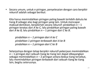 • Secara umum, untuk n piringan, penyelesaian dengan cara berpikir
rekursif adalah sebagai berikut:
Kita harus memindahkan piringan paling bawah terlebih dahulu ke
tiang B sebagai alas bagi piringan yang lain. Untuk mencapai
maksud demikian, berpikirlah secara rekursif: pindahkan n – 1
piringan teratas dari A ke C, lalu pindahkan piringan paling bawah
dari A ke B, lalu pindahkan n – 1 piringan dari C ke B.
pindahkan n – 1 piringan dari A ke C
pindahkan 1 piringan terbawah dari A ke B
pindahkan n – 1 piringan dari C ke B
Selanjutnya dengan tetap berpikir rekursif-pekerjaan memindahkan
n – 1 piringan dari sebuah tiang ke tiang lain dapat dibayangkan
sebagai memindahkan n – 2 piringan antara kedua tiang tersebut,
lalu memindahkan piringan terbawah dari sebuah tiang ke tiang
lain, begitu seterusnya.
23
 