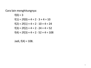 Cara lain menghitungnya:
f(0) = 3
f(1) = 2f(0) + 4 = 2  3 + 4 = 10
f(2) = 2f(1) + 4 = 2  10 + 4 = 24
f(3) = 2f(2) + 4 = 2  24 + 4 = 52
f(4) = 2f(3) + 4 = 2  52 + 4 = 108
Jadi, f(4) = 108.
8
 