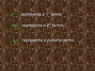 a -a - representa o 1° termorepresenta o 1° termo
11
aa -- representa o 2° termorepresenta o 2° termo
22
..
..
..
a -a - representa o n-ésimo termorepresenta o n-ésimo termo
nn
 