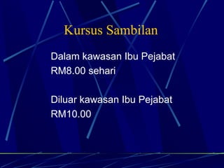 Kursus Sambilan Dalam kawasan Ibu Pejabat RM8.00 sehari Diluar kawasan Ibu Pejabat RM10.00 