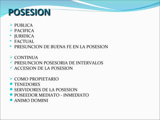 POSESION
   PUBLICA
   PACIFICA
   JURIDICA
   FACTUAL
   PRESUNCION DE BUENA FE EN LA POSESION

 CONTINUA
 PRESUNCION POSESORIA DE INTERVALOS
 ACCESION DE LA POSESION

 COMO PROPIETARIO
 TENEDORES
 SERVIDORES DE LA POSESION
 POSEEDOR MEDIATO - INMEDIATO
 ANIMO DOMINI
 