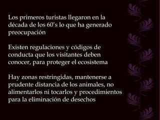 Los primeros turistas llegaron en la década de los 60’s lo que ha generado preocupación Existen regulaciones y códigos de conducta que los visitantes deben conocer, para proteger el ecosistema Hay zonas restringidas, mantenerse a prudente distancia de los animales, no alimentarlos ni tocarlos y procedimientos para la eliminación de desechos 