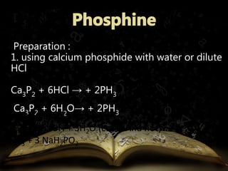 Preparation : 
1. using calcium phosphide with water or dilute 
HCl 
Ca3P2 + 6HCl → + 2PH3 
Ca3P2 + 6H2O→ + 2PH 2. Laboratory preparation3 
P4 + 3NaOH + 3H2O (conc. And hot) → 
PH3 + 3 NaH2PO2 
 