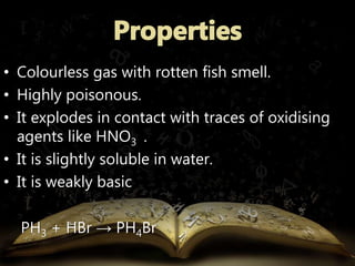 • Colourless gas with rotten fish smell. 
• Highly poisonous. 
• It explodes in contact with traces of oxidising 
agents like HNO3 . 
• It is slightly soluble in water. 
• It is weakly basic 
PH3 + HBr → PH4Br 
 