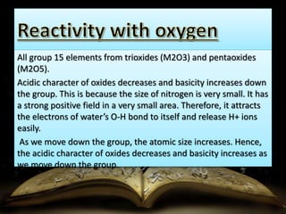 All group 15 elements from trioxides (M2O3) and pentaoxides 
(M2O5). 
Acidic character of oxides decreases and basicity increases down 
the group. This is because the size of nitrogen is very small. It has 
a strong positive field in a very small area. Therefore, it attracts 
the electrons of water’s O-H bond to itself and release H+ ions 
easily. 
As we move down the group, the atomic size increases. Hence, 
the acidic character of oxides decreases and basicity increases as 
we move down the group. 
 