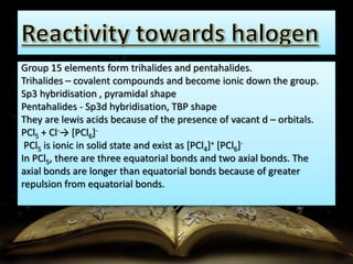 Group 15 elements form trihalides and pentahalides. 
Trihalides – covalent compounds and become ionic down the group. 
Sp3 hybridisation , pyramidal shape 
Pentahalides - Sp3d hybridisation, TBP shape 
They are lewis acids because of the presence of vacant d – orbitals. 
PCl5 + Cl-→ [PCl6]- 
PCl5 is ionic in solid state and exist as [PCl4]+ [PCl6]- 
In PCl5, there are three equatorial bonds and two axial bonds. The 
axial bonds are longer than equatorial bonds because of greater 
repulsion from equatorial bonds. 
 