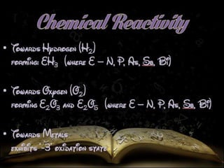 • Towards Hydrogen (H2) 
forming: EH3 (where E – N, P, As, Sb, 
Bi) 
• Towards Oxygen (O2) 
forming E2O3 and E2O5 (where E – N, P, 
As, Sb, Bi) 
• Towards Metals 
 