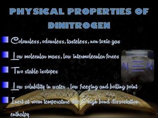 Colourless, odourless, tasteless, non toxic gas 
Low molecular mass, low intermolecular 
forces 
Two stable isotopes 
Low solubility in water , low freezing and 
boiling point 
 