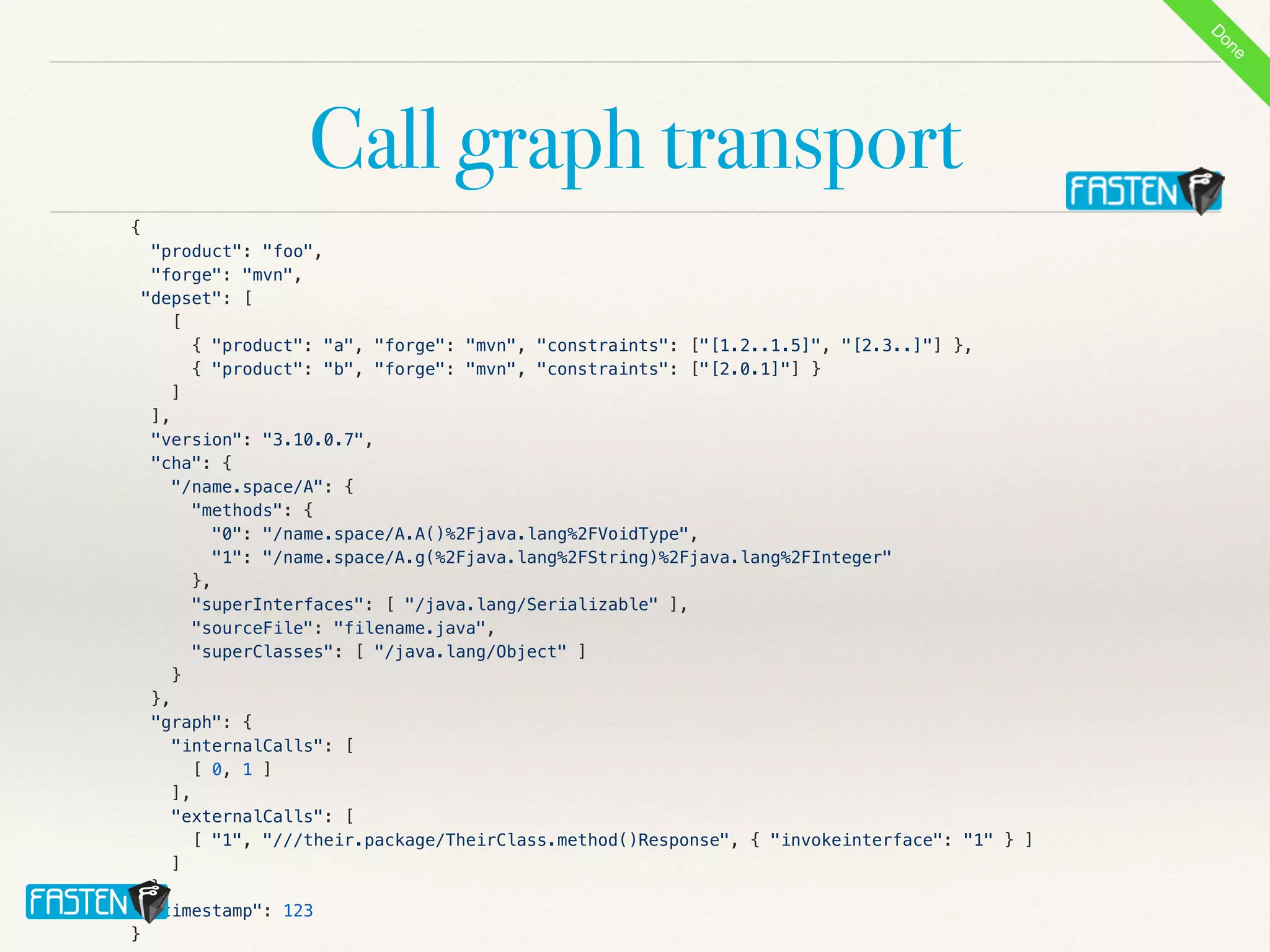 Call graph transport
{


"product": "foo",


"forge": "mvn",


"depset": [


[


{ "product": "a", "forge": "mvn", "constraints": ["[1.2..1.5]", "[2.3..]"] },


{ "product": "b", "forge": "mvn", "constraints": ["[2.0.1]"] }


]


],


"version": "3.10.0.7",


"cha": {


"/name.space/A": {


"methods": {


"0": "/name.space/A.A()%2Fjava.lang%2FVoidType",


"1": "/name.space/A.g(%2Fjava.lang%2FString)%2Fjava.lang%2FInteger"


},


"superInterfaces": [ "/java.lang/Serializable" ],


"sourceFile": "filename.java",


"superClasses": [ "/java.lang/Object" ]


}


},


"graph": {


"internalCalls": [


[ 0, 1 ]


],


"externalCalls": [


[ "1", "///their.package/TheirClass.method()Response", { "invokeinterface": "1" } ]


]


},


"timestamp": 123


}
D
o
n
e
 