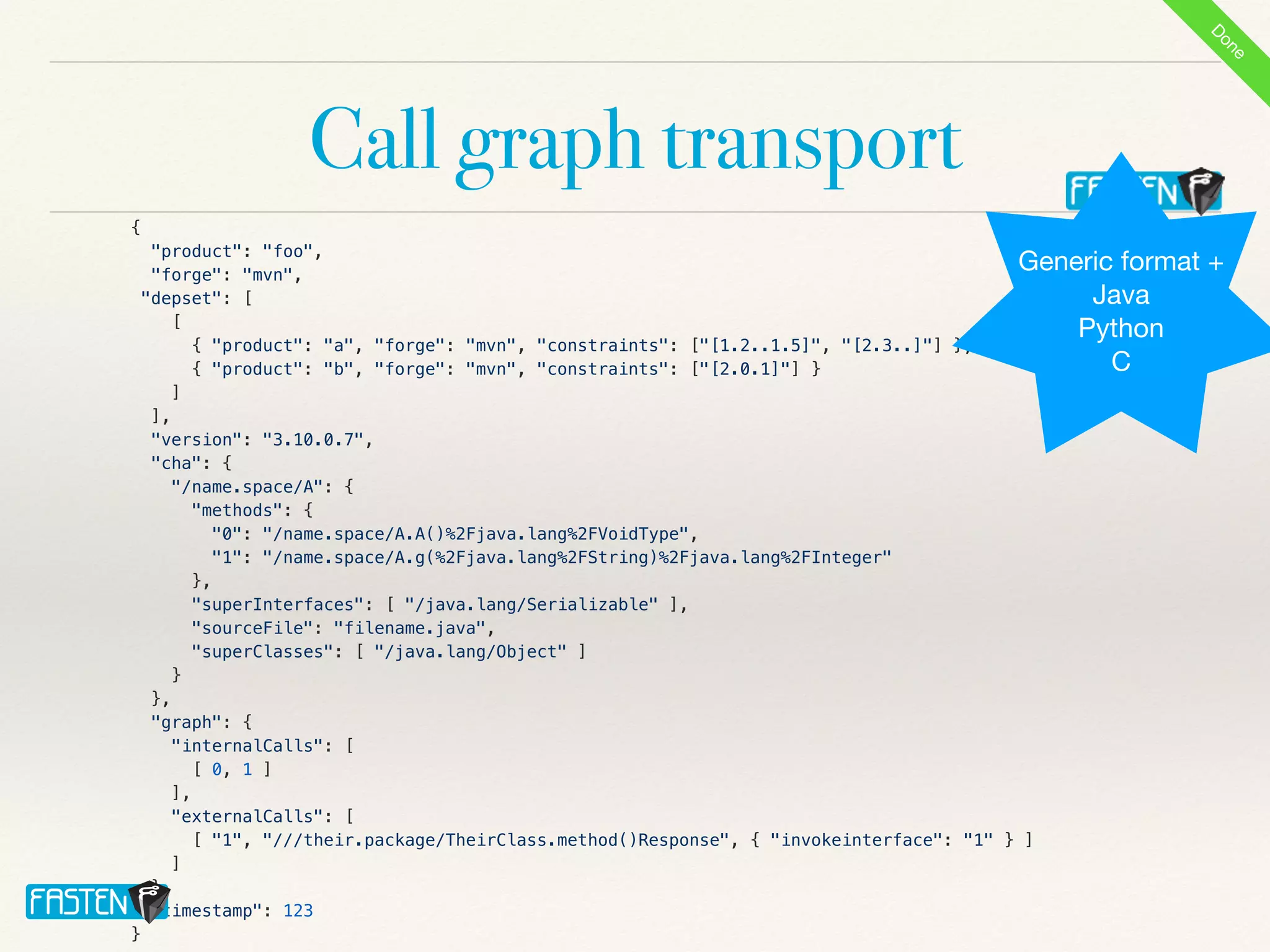 Call graph transport
{


"product": "foo",


"forge": "mvn",


"depset": [


[


{ "product": "a", "forge": "mvn", "constraints": ["[1.2..1.5]", "[2.3..]"] },


{ "product": "b", "forge": "mvn", "constraints": ["[2.0.1]"] }


]


],


"version": "3.10.0.7",


"cha": {


"/name.space/A": {


"methods": {


"0": "/name.space/A.A()%2Fjava.lang%2FVoidType",


"1": "/name.space/A.g(%2Fjava.lang%2FString)%2Fjava.lang%2FInteger"


},


"superInterfaces": [ "/java.lang/Serializable" ],


"sourceFile": "filename.java",


"superClasses": [ "/java.lang/Object" ]


}


},


"graph": {


"internalCalls": [


[ 0, 1 ]


],


"externalCalls": [


[ "1", "///their.package/TheirClass.method()Response", { "invokeinterface": "1" } ]


]


},


"timestamp": 123


}
Generic format +

Java

Python

C
D
o
n
e
 