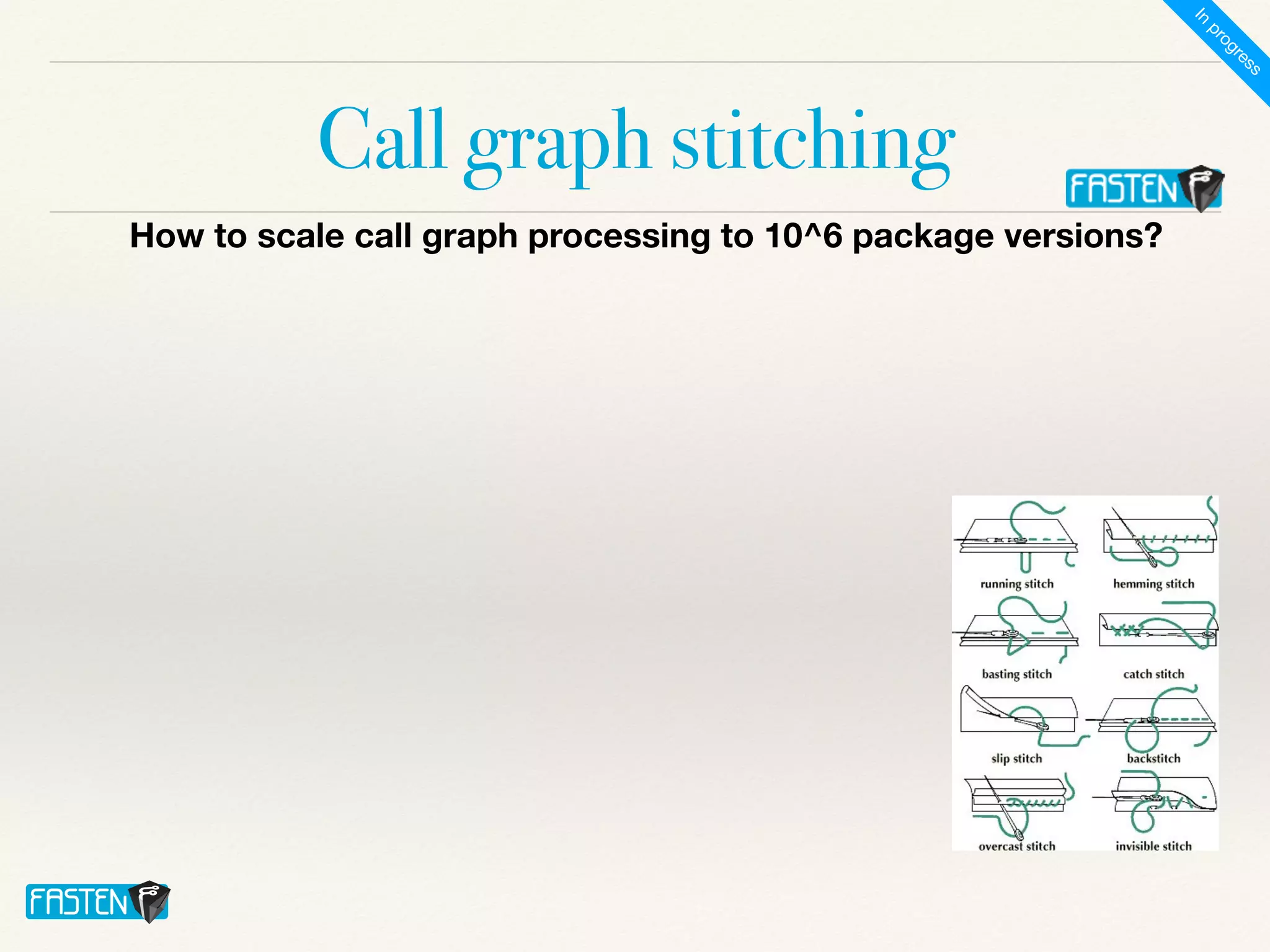 Call graph stitching
How to scale call graph processing to 10^6 package versions?
I
n
p
r
o
g
r
e
s
s
 
